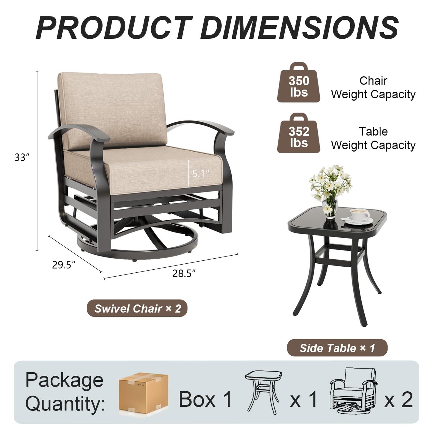 ALAULM 3 Piece Patio Set, Metal Outdoor Swivel Chairs Set of 2 with 5.1’’ High-Resilience Seat Cushions Tempered Glass Coffee Table Removable Cushions for Backyard, Lawn, Porch, Khaki