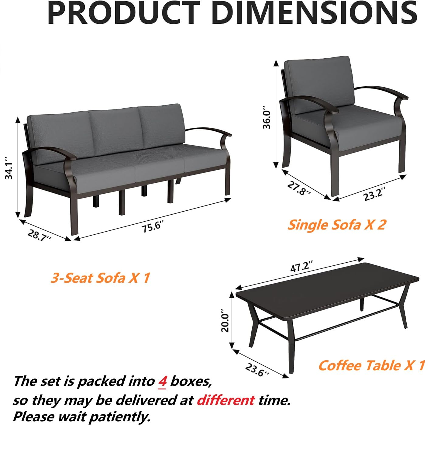 Gotland 5 Piece Aluminum Patio Furniture Set,Modern Metal Outdoor Patio Furniture w/5.1'' Thick Cushion and Rectangular Coffee Table,Patio Conversation Sets for Porch,Deck