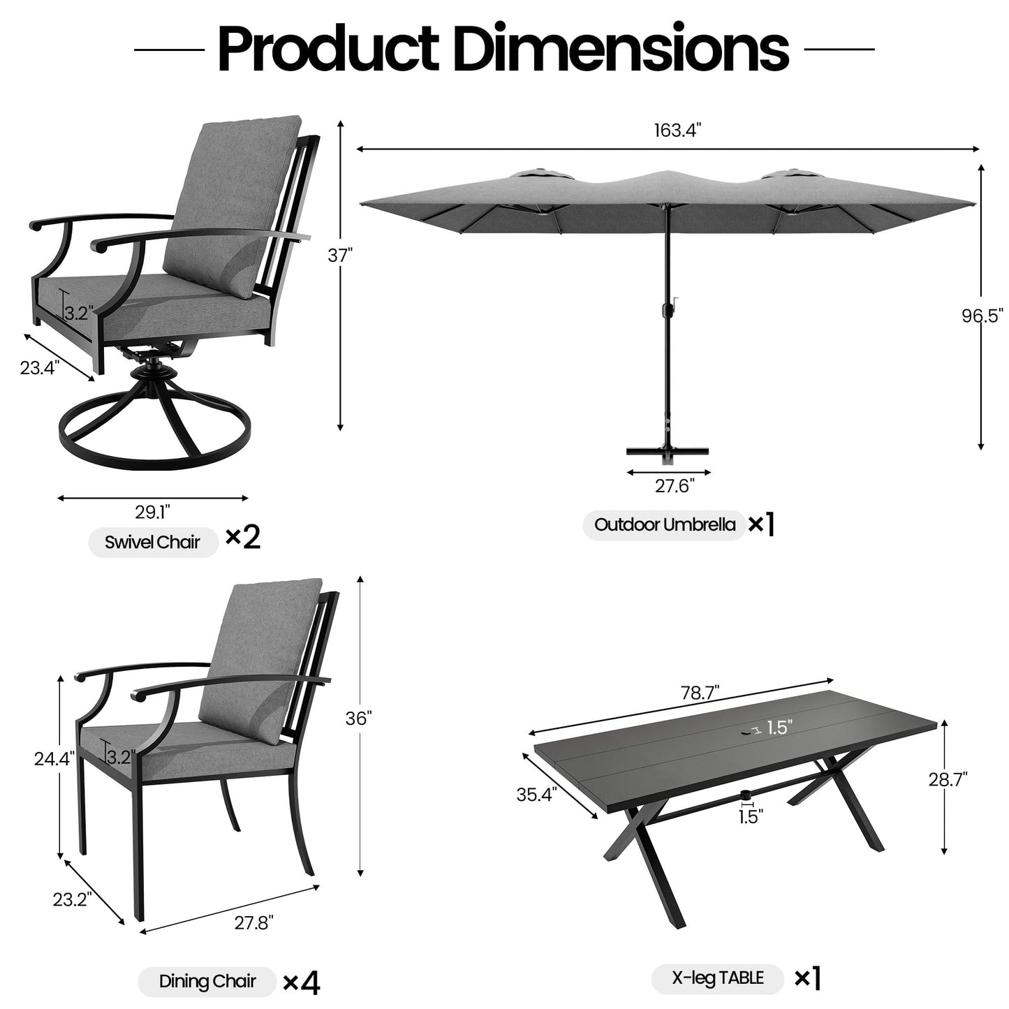 Gotland 8PCS Outdoor Patio Dining Set with 13.6ft Double-Sided Patio Umbrella, Patio Table and Chairs Metal Outdoor Patio Furniture Set, Dining Table Set with 2 Swivel Chairs