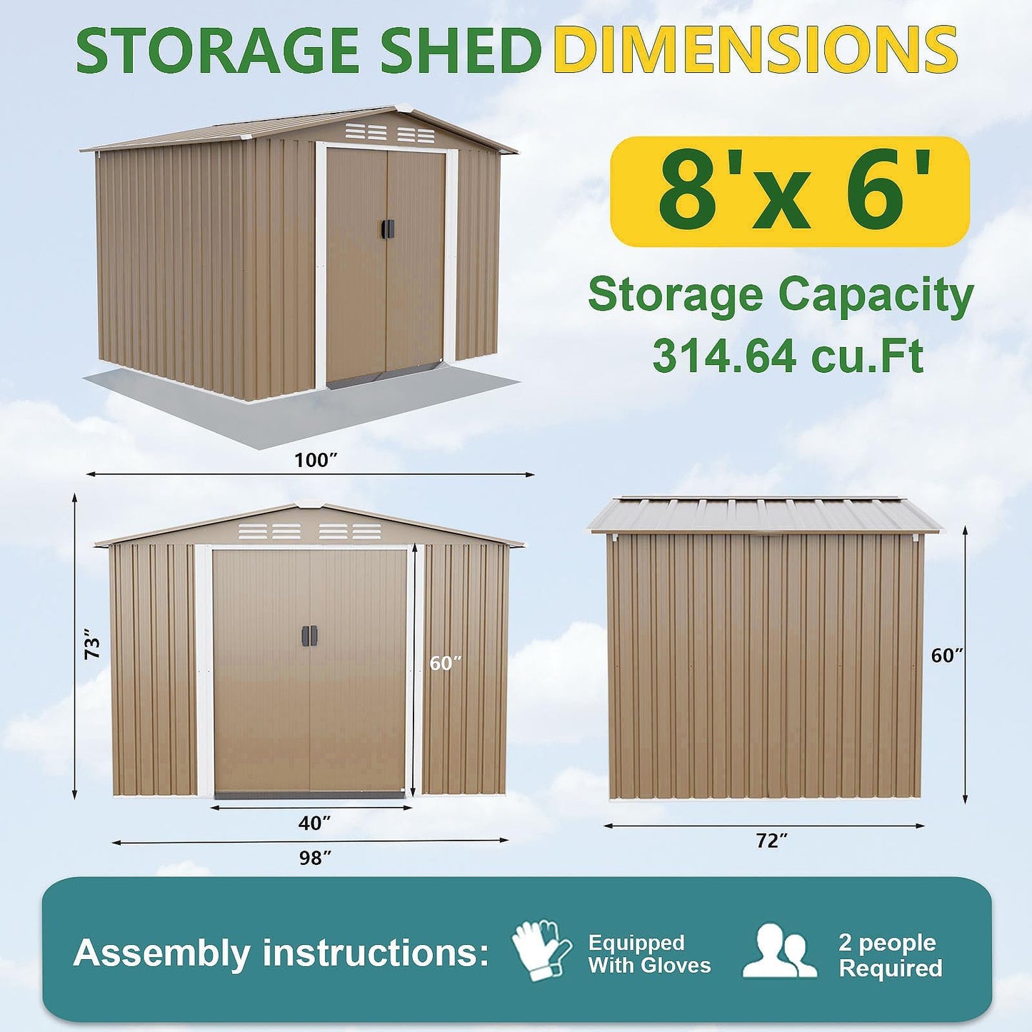 Gotland 8 x 6 FT Metal Tool Storage Shed - Waterproof Outdoor Shed with Lockable Sliding Door & Air Vents for Garden/Backyard