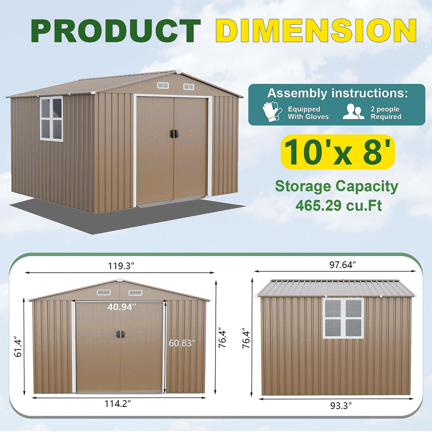 Gotland 10 x 8 FT Metal Tool Storage Shed - Waterproof Outdoor Shed with Lockable Sliding Door & Air Vents for Garden/Backyard