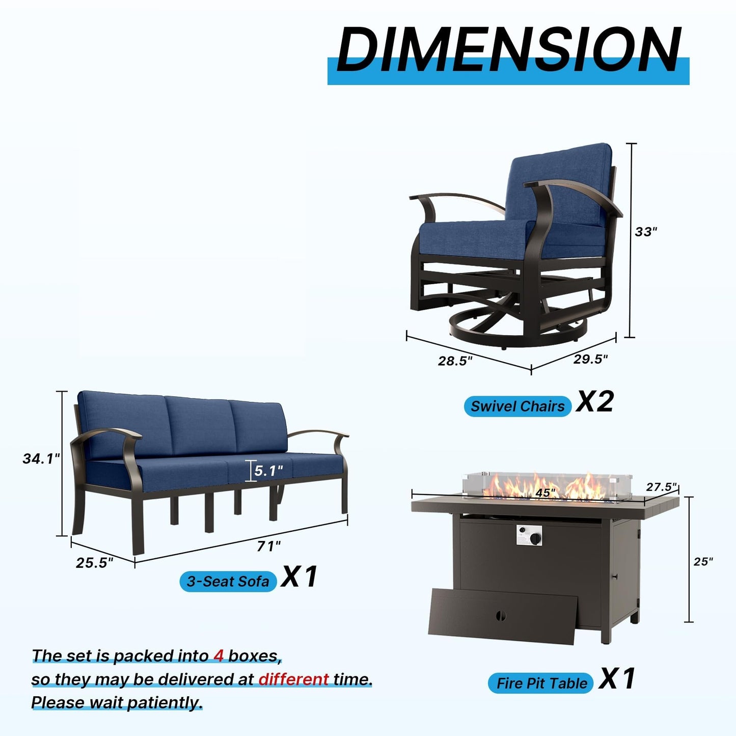 Gotland 5 Seats Outdoor Metal Patio Furniture Set with 2 Swivel Rocking Chairs&55,000 BTU Gas Fire Pit Table w/Glass Wind Guard Patio Conversation Sectional Sofa Sets