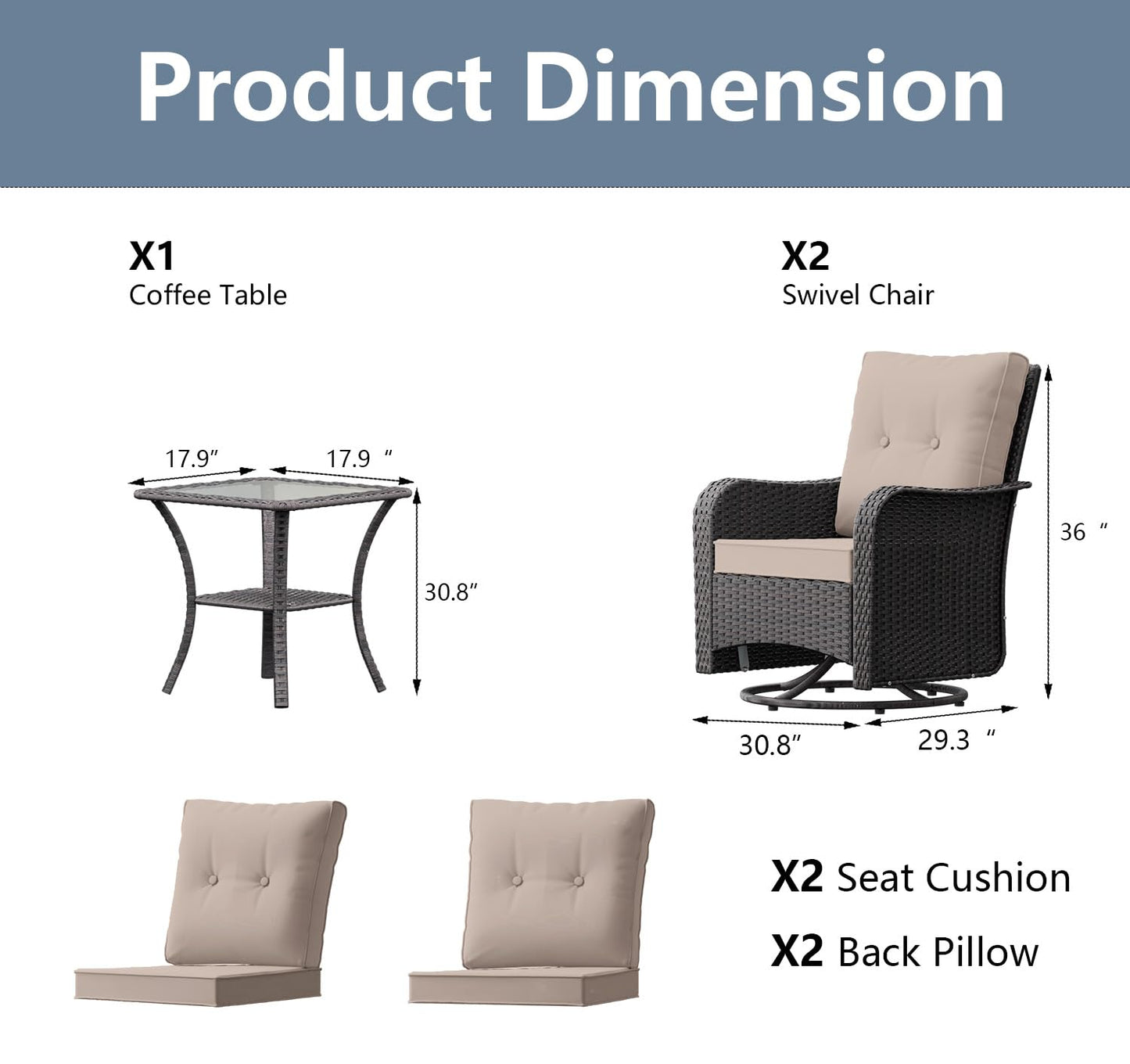 Gotland 3-Piece All-Weather Outdoor Patio Set, Wicker Swivel Chairs and Side Table, Durable Conversation Furniture for Backyard, Porch, Balcony, Deck