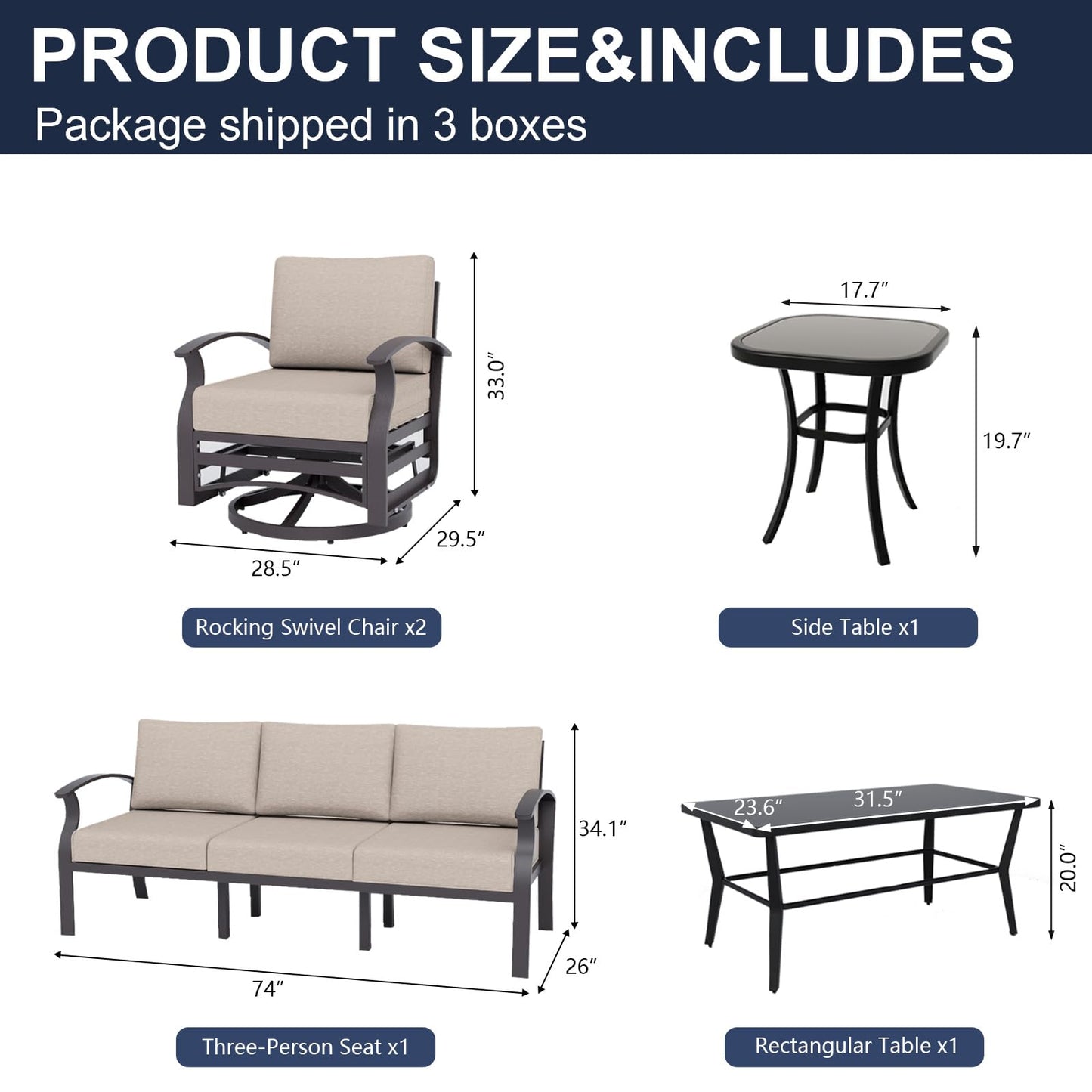 ALAULM Aluminum Patio Furniture Set 5-Seat Modern Outdoor Conversation Sets w/Swivel Rocking Chairs with Rectangular Coffee Table