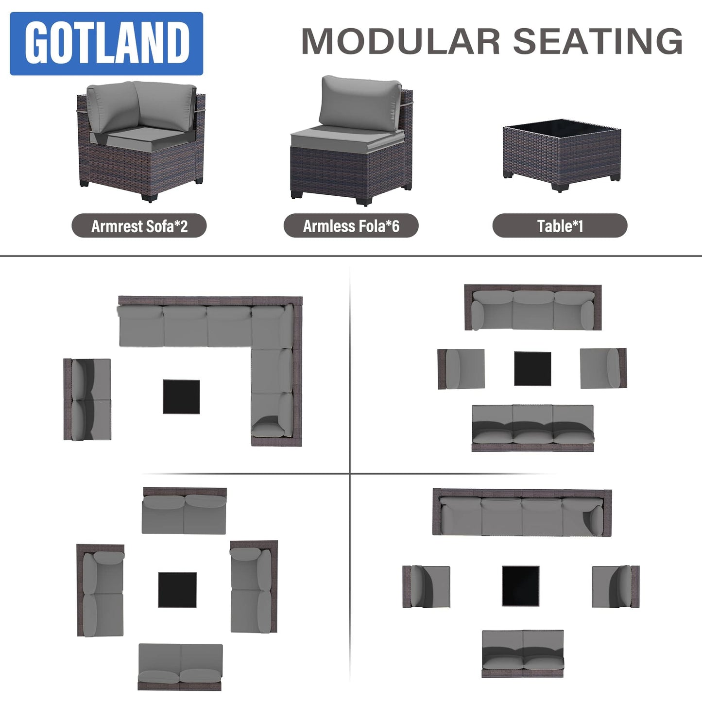 Gotland Outdoor Patio Furniture Set 9 Piece Sectional Rattan Sofa Set Rattan Wicker Patio Conversation Set with 8 Seat Cushions and 1 Tempered Glass Table