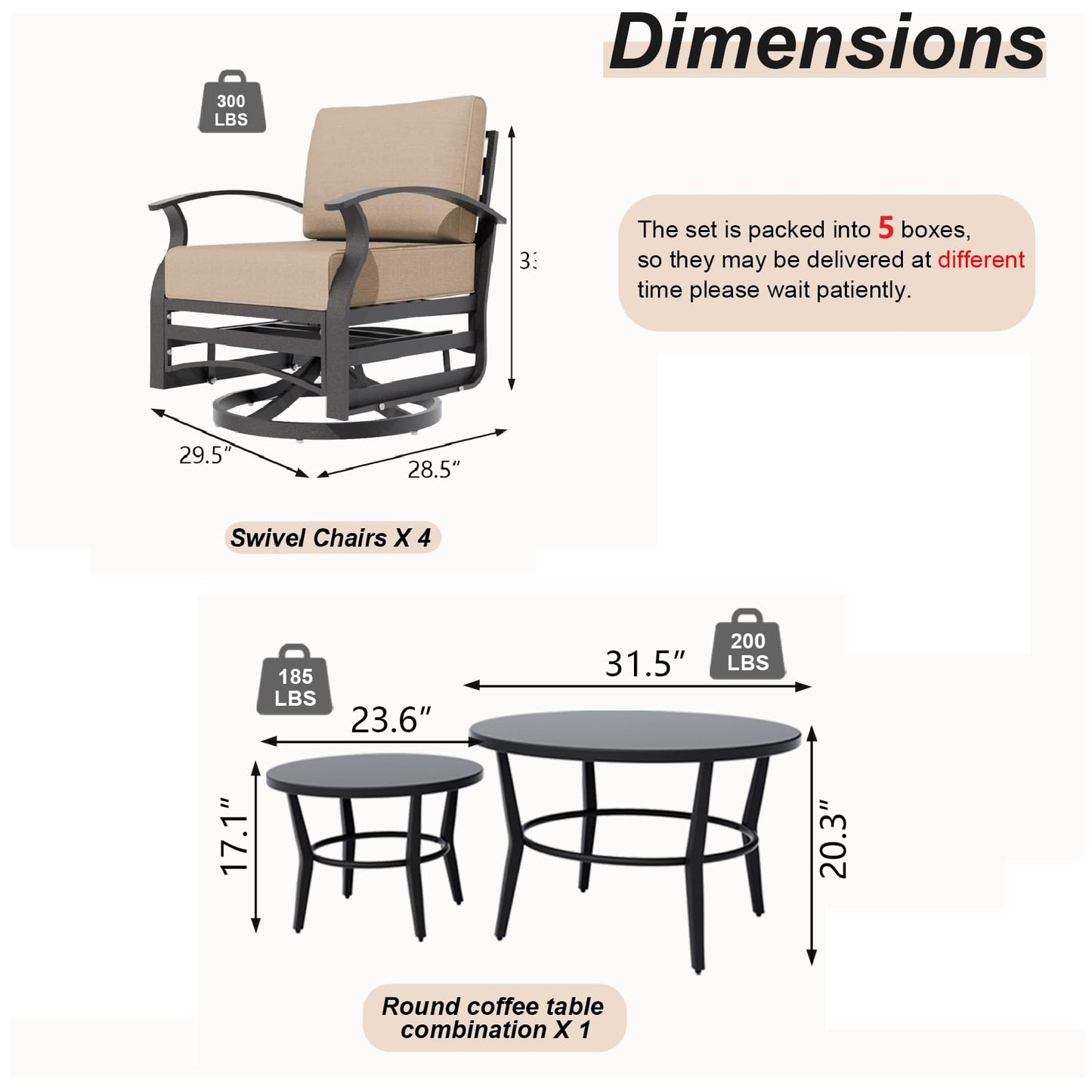 Gotland 6 Piece Patio Set, Aluminum Outdoor Swivel Chairs Set with Round Table 5.1’’ High-Resilience Seat Cushions 29.5" Deep Seating, Metal Patio Furniture Set Patio Conversation Sets
