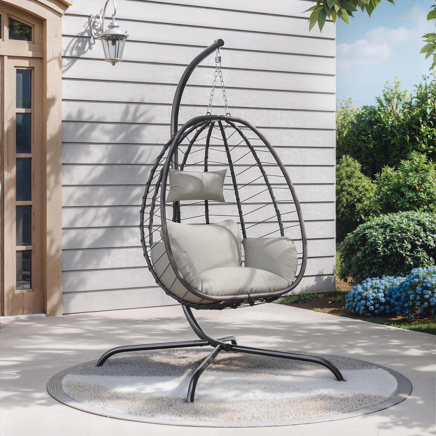 Gotland Outdoor Hanging Egg Chair with Stand,Patio Wicker Swing Egg Chair Hammock Chair with UV Resistant Cushion,All-Weather 485lbs Capacity for Bedroom,Balcony,Garden,Beige