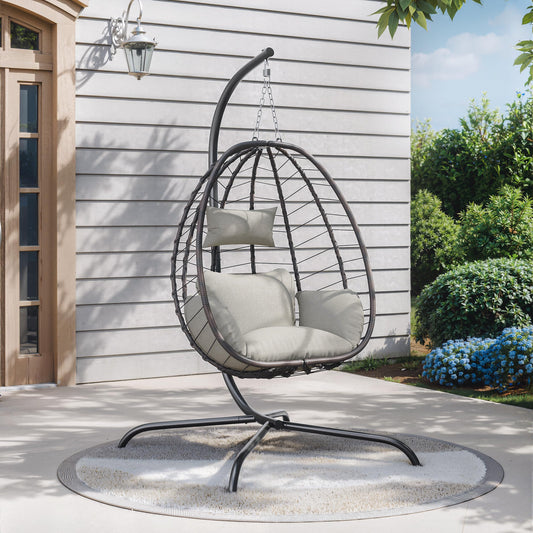 Gotland Outdoor Hanging Egg Chair with Stand,Patio Wicker Swing Egg Chair Hammock Chair with UV Resistant Cushion,All-Weather 485lbs Capacity for Bedroom,Balcony,Garden,Beige