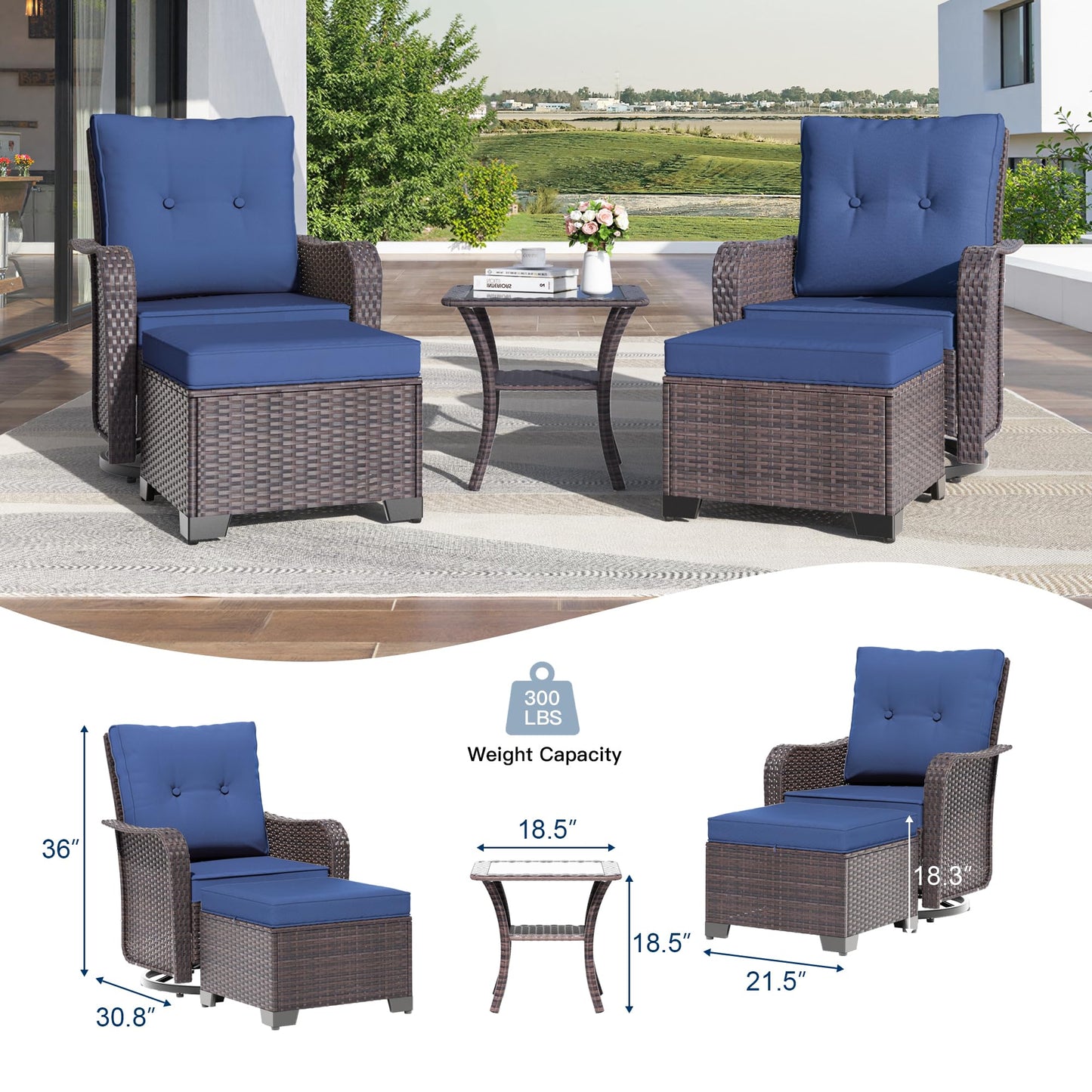 Gotland 5 Pieces Outdoor Swivel Chairs Set,Patio Wicker Rocker Chairs with 4" Thick Cushions,Side Table and Ottomans,Patio Conversation Furniture Set for Patio Porch Deck Backyard
