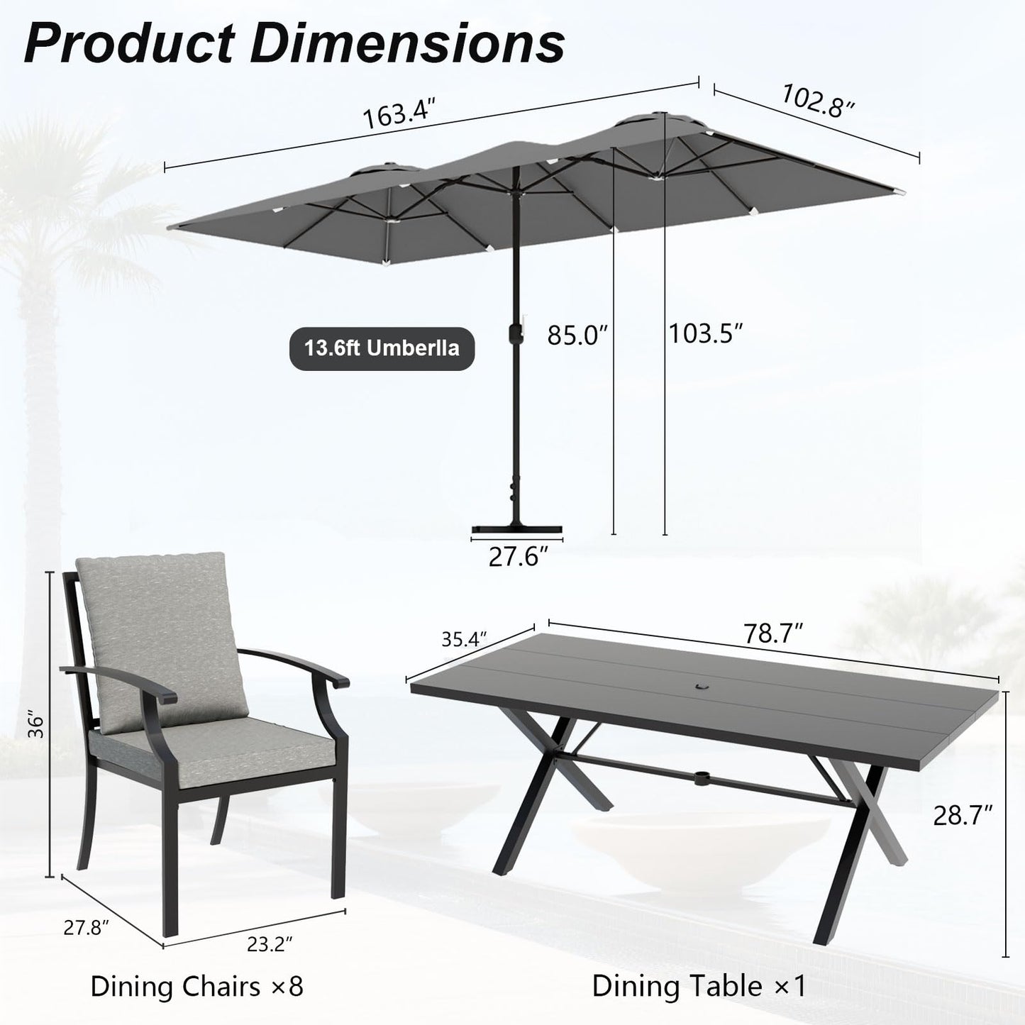 Gotland 10PCS Patio Conversation Set, Metal Outdoor Furniture Set Includes 13.6FT Umbrella, Hole Cut-Out 78.7" x 35.4" Table and 8 Metal Stackable chairs for Backyard Garden