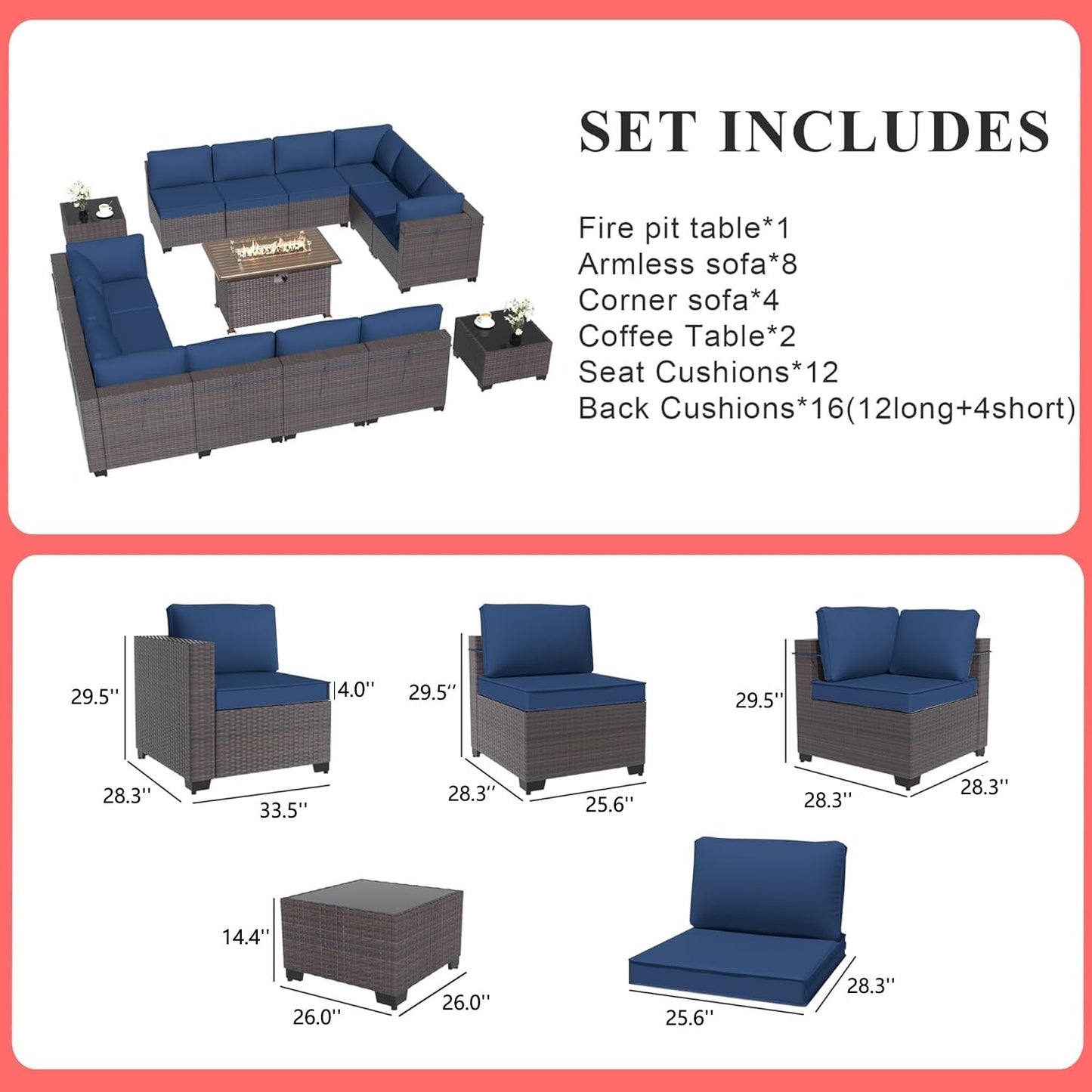 Gotland Outdoor Patio Furniture Set 14 Pieces Sectional Rattan Sofa Set PE Rattan Wicker Patio Conversation Set with Seat Cushions and Tempered Glass Table