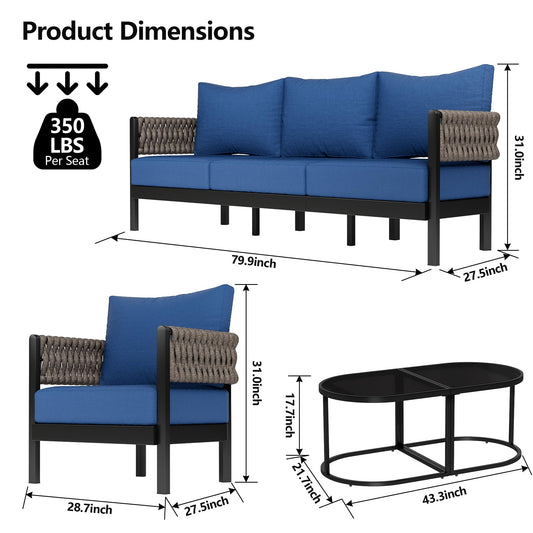 Aluminum Patio Furniture Set,5 Pieces HDPE Rope Patio Conversation Sets with Modular Coffee Table,Metal Outdoor Sectional Furniture w/5.9" Thick Cushions for Porch,Deck,Backyard,Navy Blue