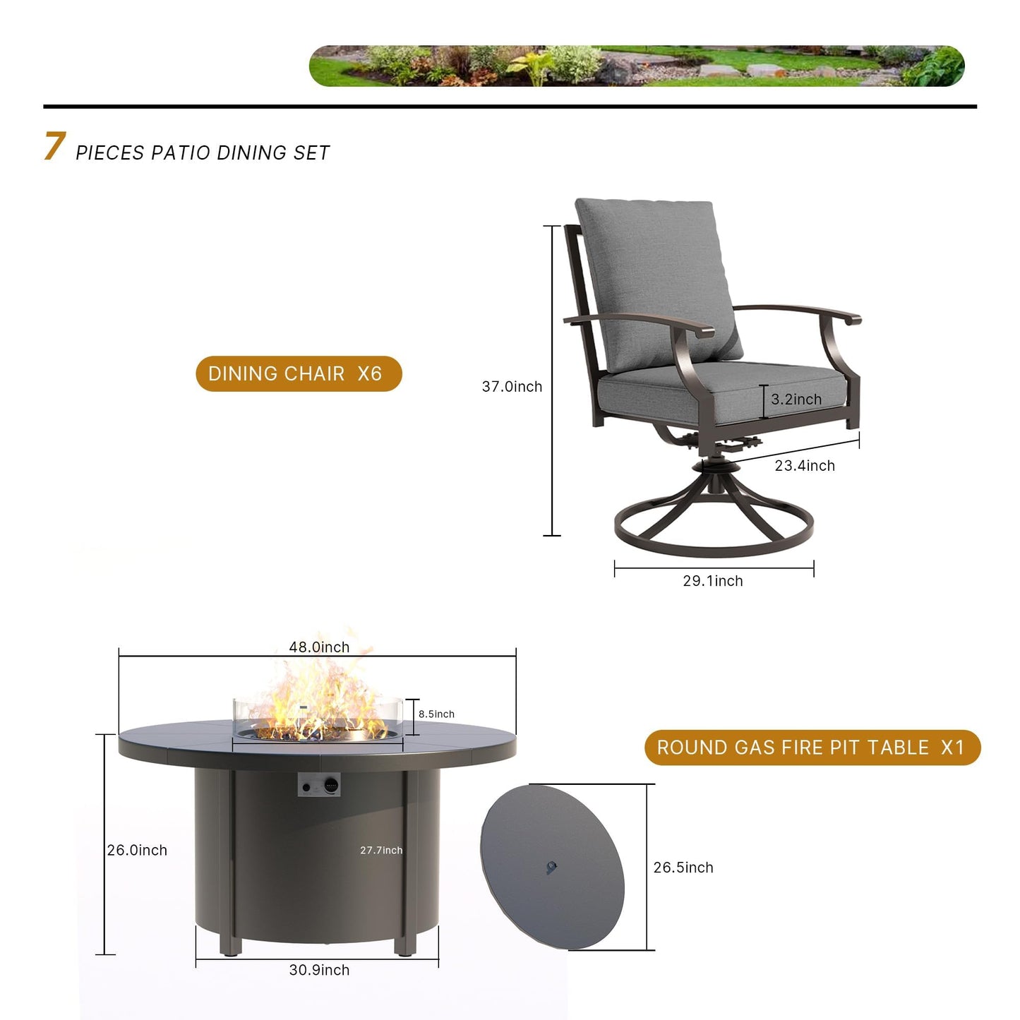 ALAULM 5PCS Metal Outdoor Patio Furniture Set with 48"/55000 BTU Round Fire Pit Table,Outdoor Dining Table Set 4 Swivel Chairs No-Slip Cushion