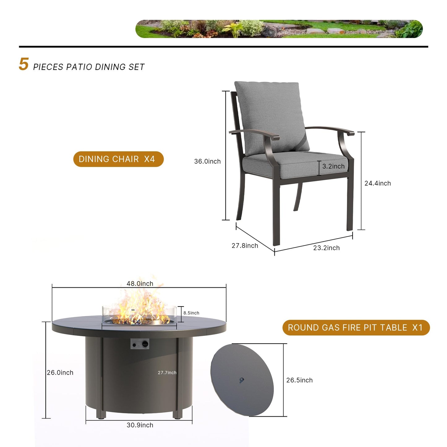 ALAULM 5PCS Metal Outdoor Patio Furniture Set with 48"/55000 BTU Round Propane Fire Pit Table,Patio Conversation Sets 4 Fixed Chairs No-Slip Cushions