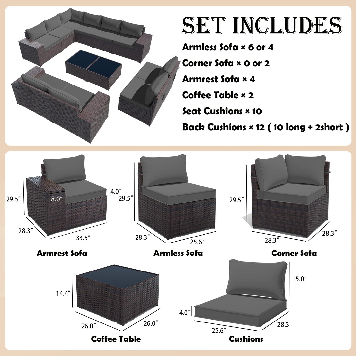 Gotland Outdoor Patio Furniture Sectional Conversation Set 12Pcs Rattan Wicker 10 Cushion Table