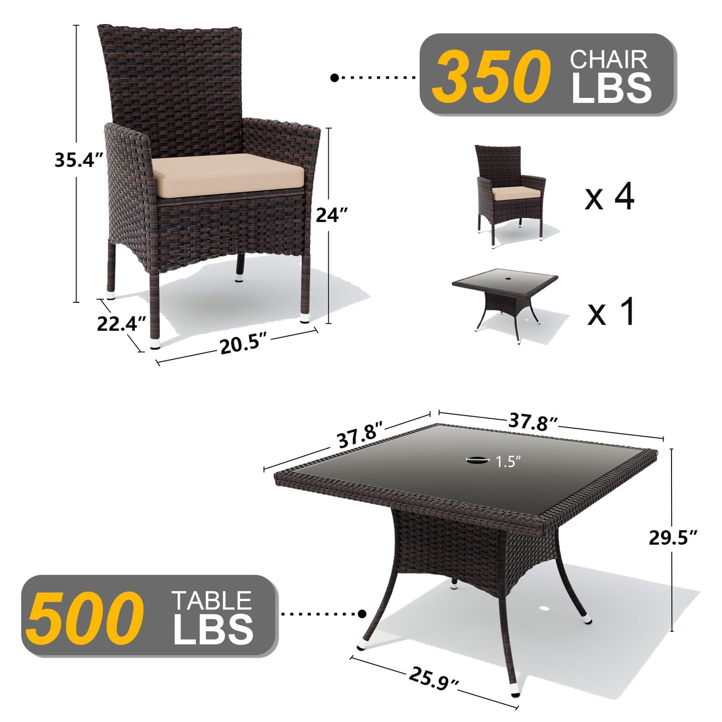 Gotland Outdoor Dining Table Set, Garden Patio Rattan Set with w/Tempered Glass Tabletop with Removable Cushions and Umbrella Cutout for Patio, Backyard