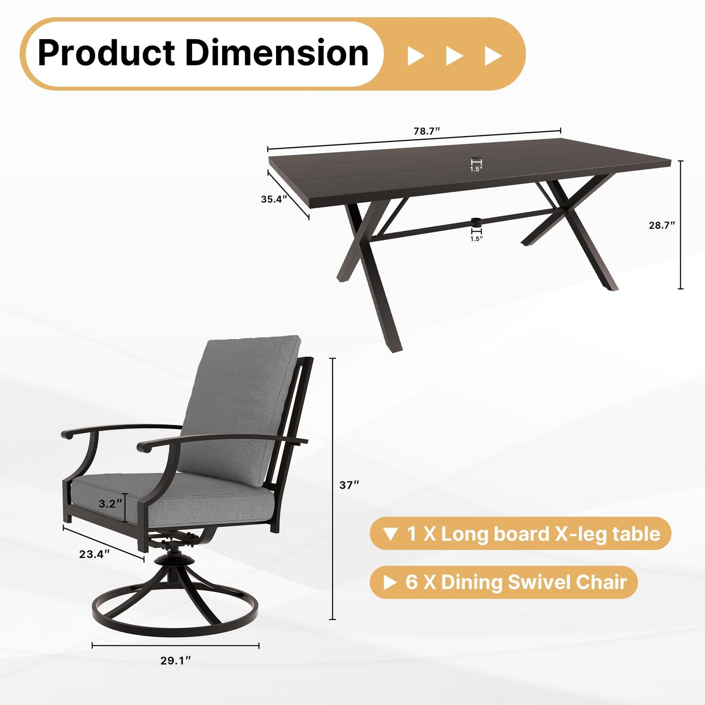 Gotland 7 Piece Outdoor Dining Set, Meta Swivel Chairs and Outdoor Table with X-Shaped Leg 1.5" Umbrella Hole, Patio Furniture Set for Backyard Deck