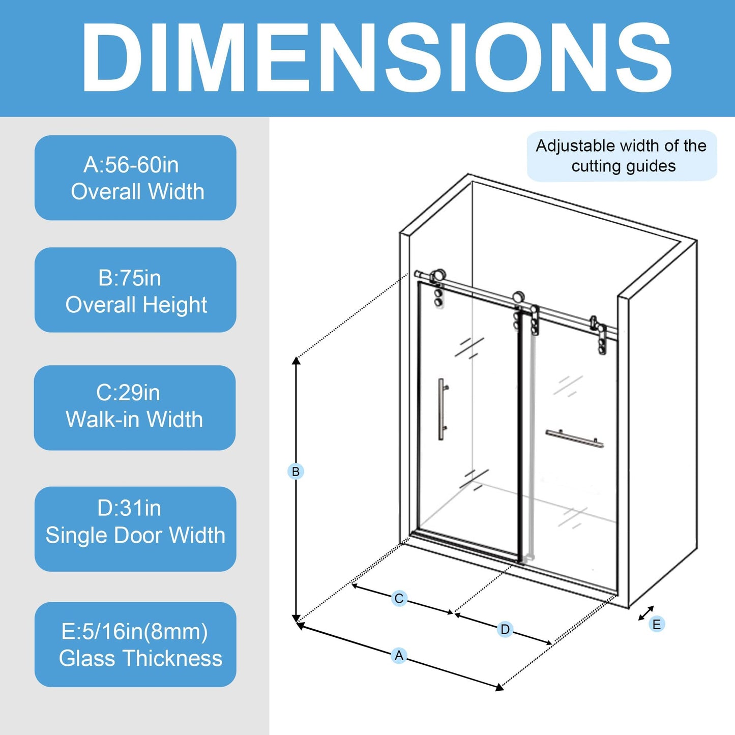 Gotland 56-60" W x 75" H Frameless Shower Door, Sliding Shower Door with 5/16" (8mm) Clear SGCC Tempered Glass Stainless Steel Hardware Waterproof Seal Explosion-Proof Film, Glass Shower Door