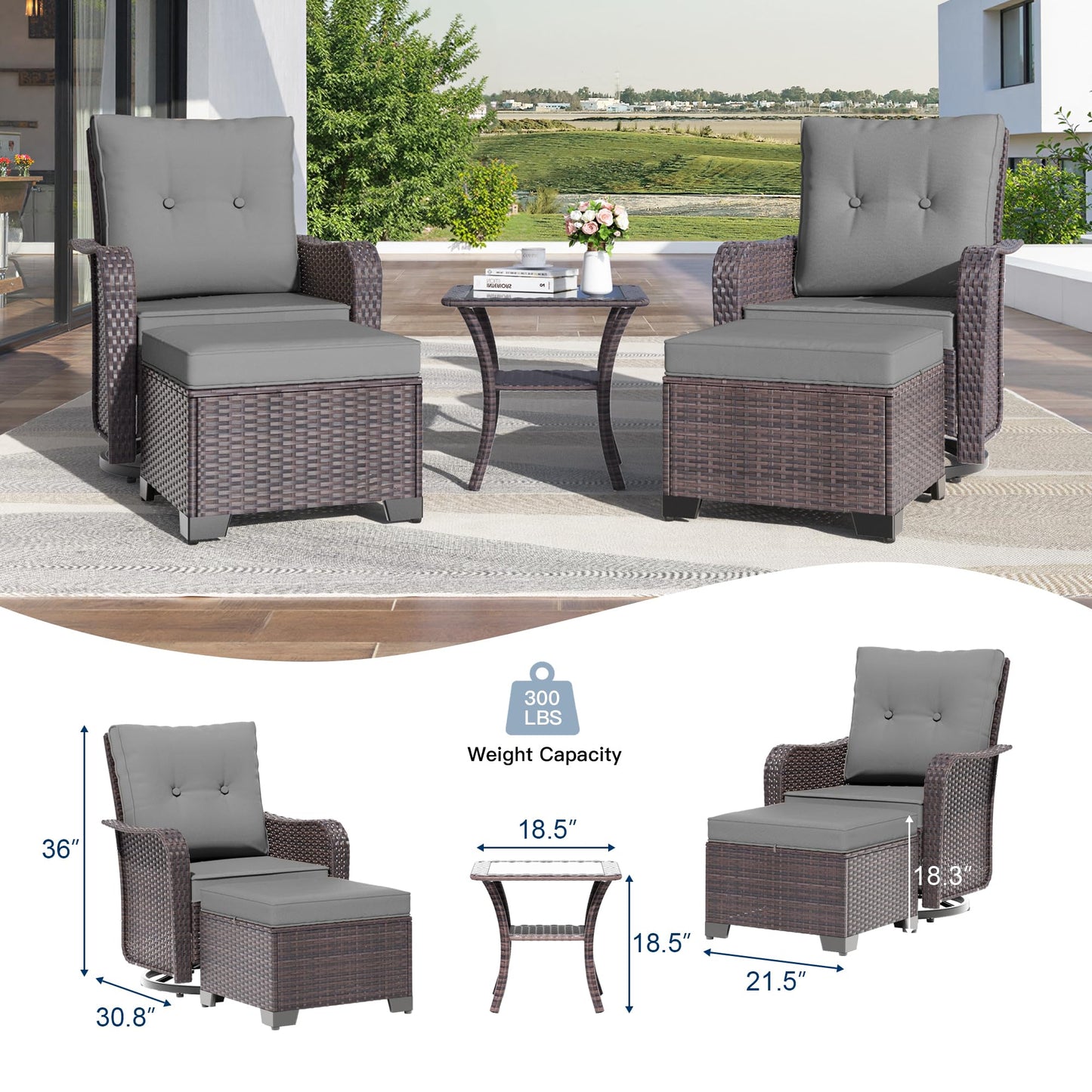 Gotland 5 Pieces Outdoor Swivel Chairs Set,Patio Wicker Rocker Chairs with 4" Thick Cushions,Side Table and Ottomans,Patio Conversation Furniture Set for Patio Porch Deck Backyard