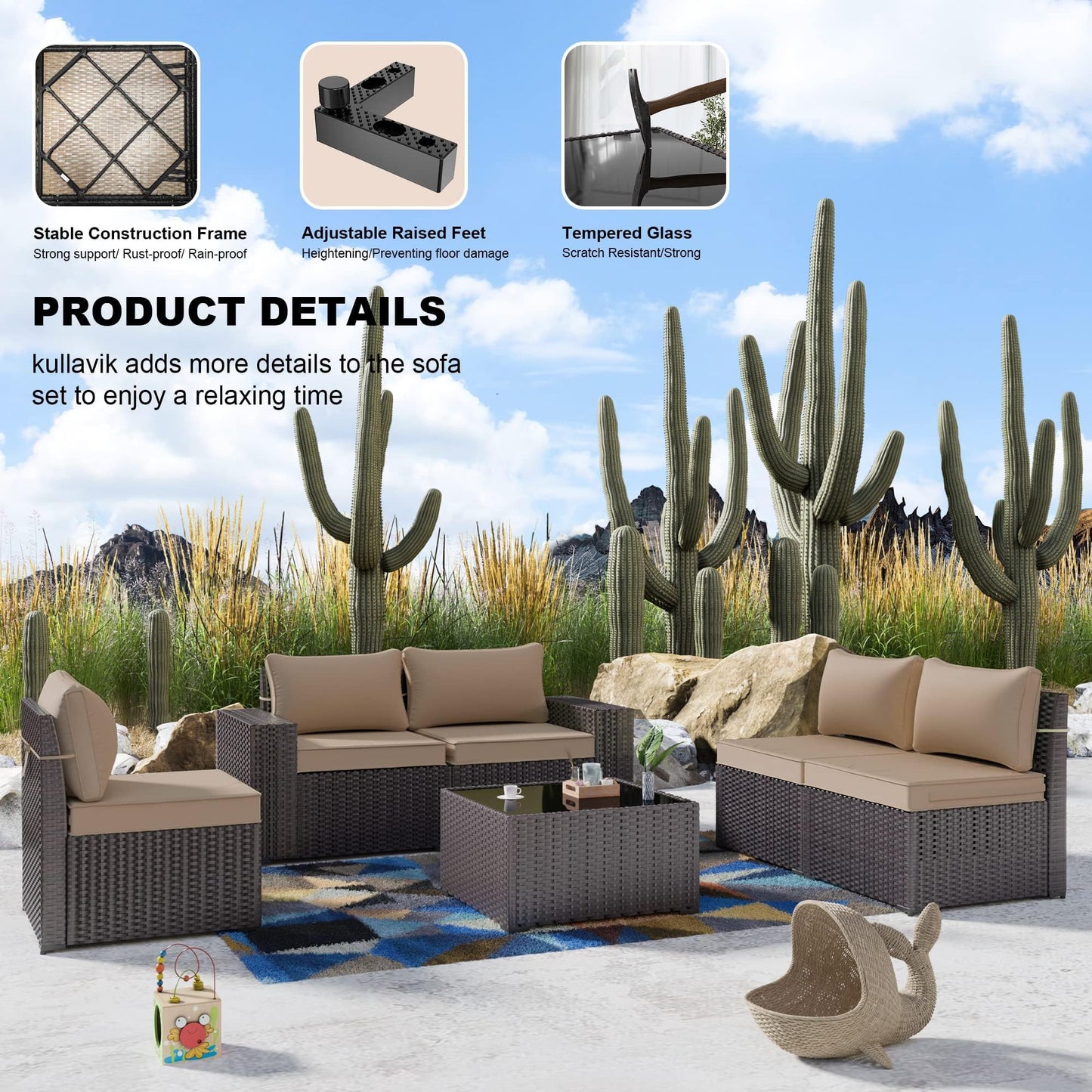 Gotland 6 Pieces Outdoor Patio Furniture Set Rattan Wicker Conversation Set,Wide Armrest