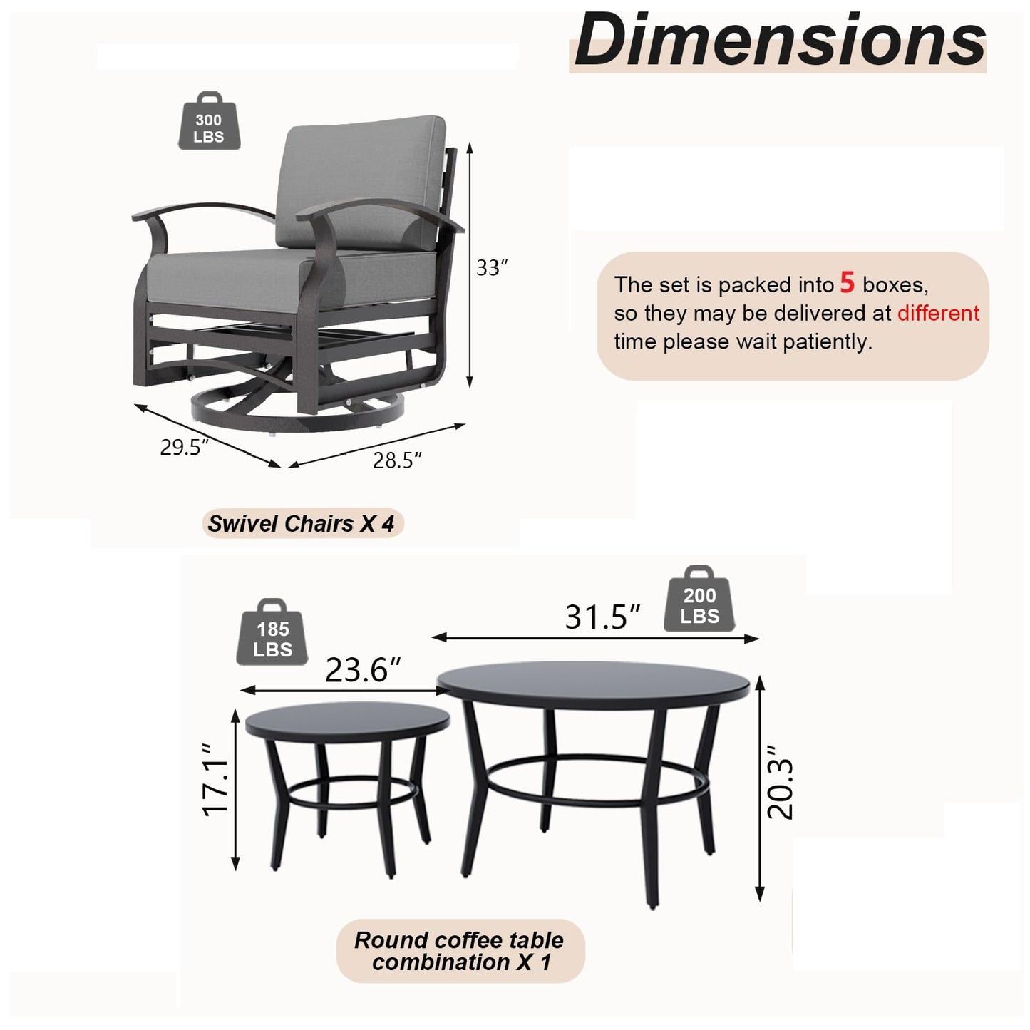 Gotland 6 Piece Patio Set, Aluminum Outdoor Swivel Chairs Set with Round Table 5.1’’ High-Resilience Seat Cushions 29.5" Deep Seating, Metal Patio Furniture Set Patio Conversation Sets