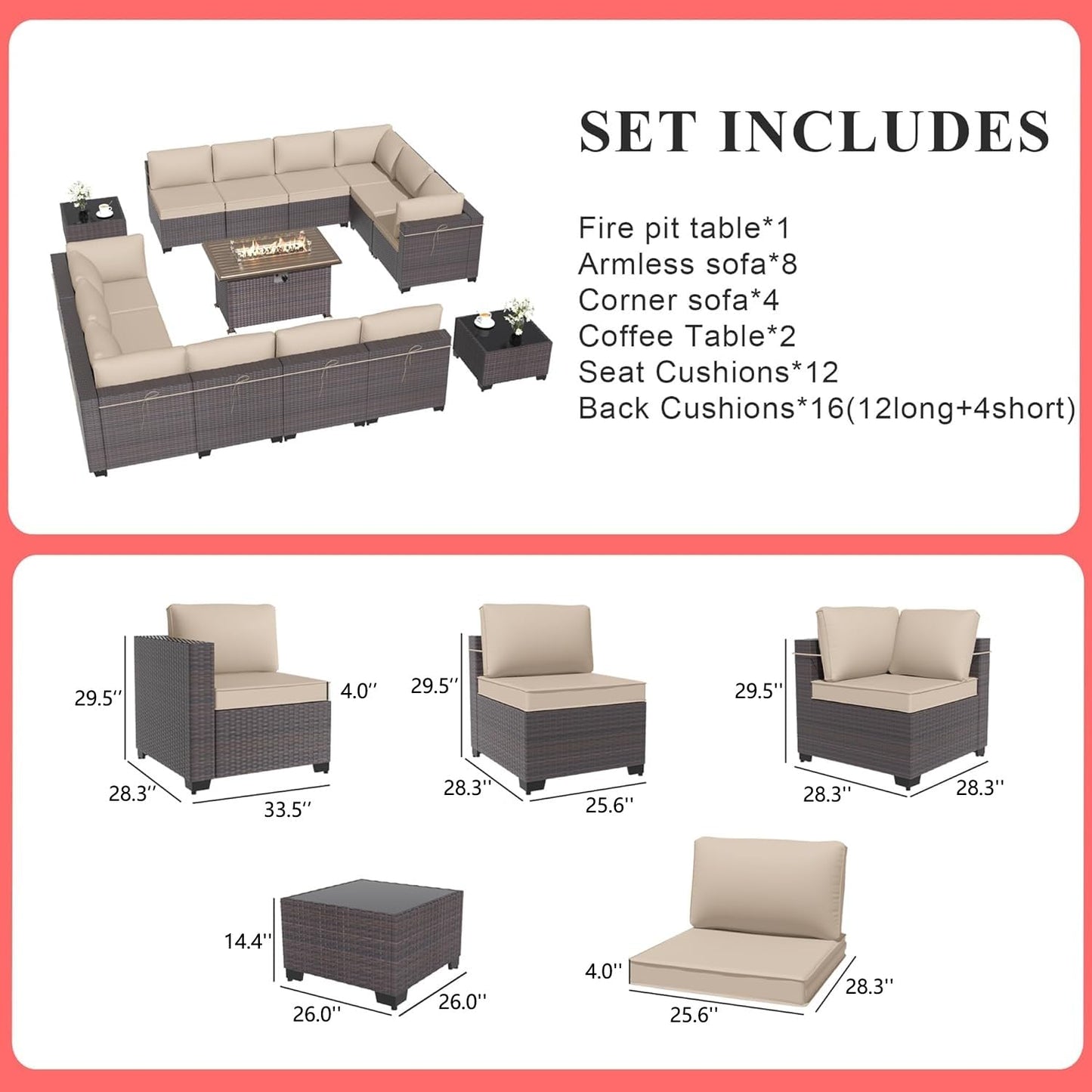 Gotland Outdoor Patio Furniture Set 14 Pieces Sectional Rattan Sofa Set PE Rattan Wicker Patio Conversation Set with Seat Cushions and Tempered Glass Table