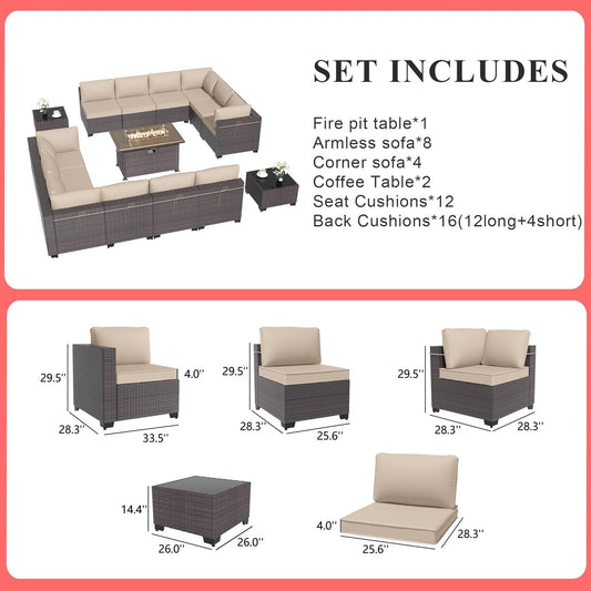 Gotland 15 Pieces Outdoor Patio Furniture Set with Propane Fire Pit Table Outdoor Sectional Sofa