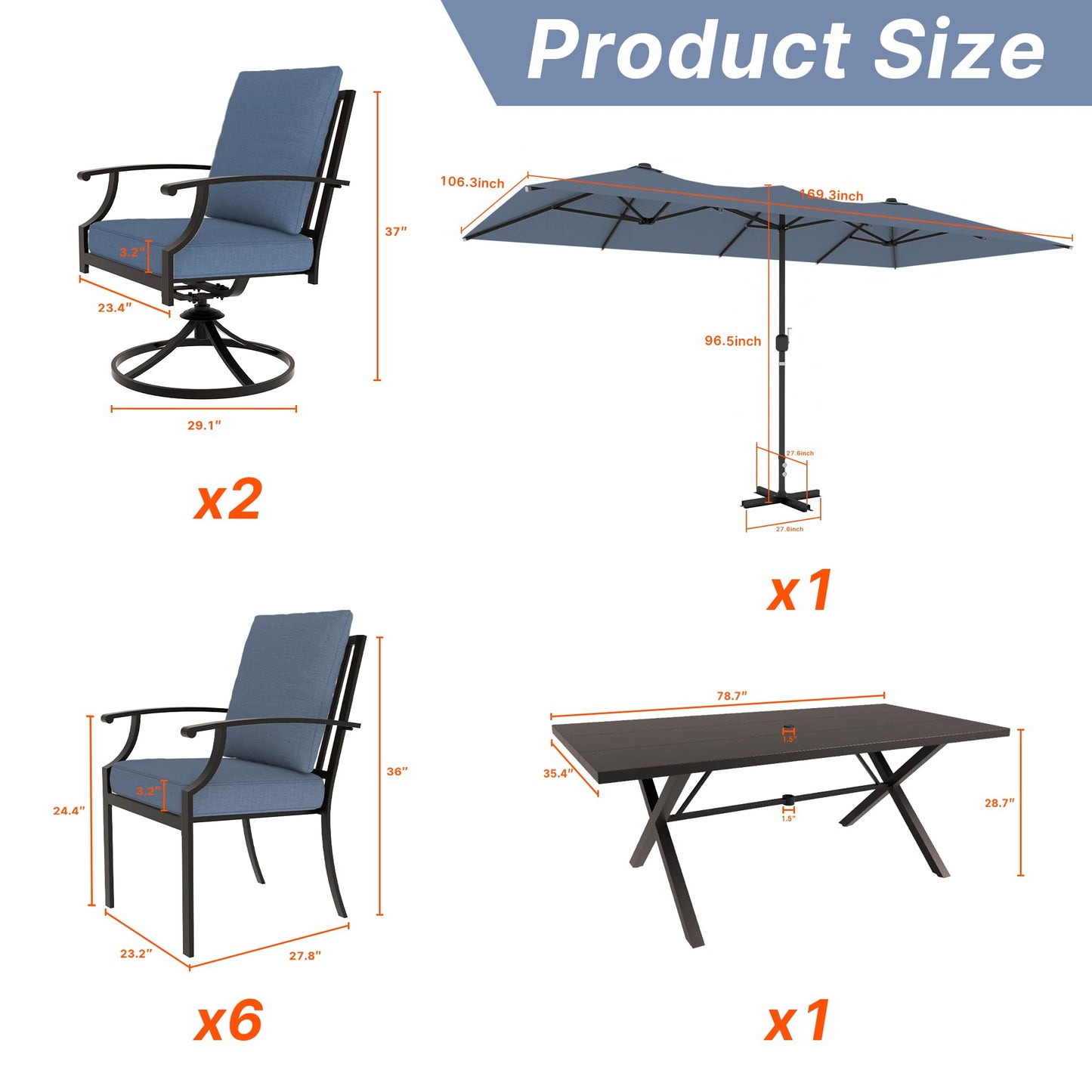 Gotland 10PCS Outdoor Patio Dining Set with 13.6ft Double-Sided Patio Umbrella, Patio Table and Chairs Metal Outdoor Patio Furniture Set, Dining Table Set with 8 Swivel Chairs