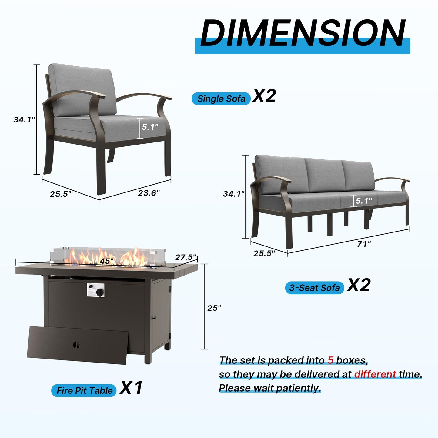 Gotland 8 Seats Outdoor Metal Patio Furniture Set with 55,000 BTU Gas Fire Pit Table w/Glass Wind Guard Patio Conversation Sectional Sofa Sets