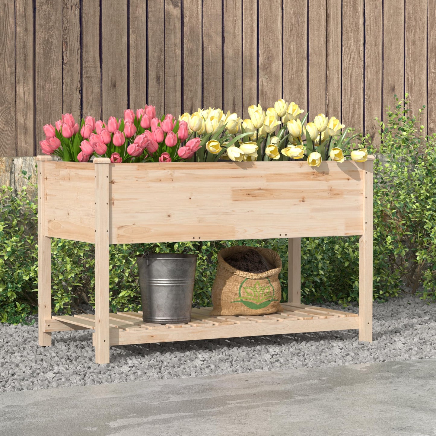 ALAULM Raised Garden Bed with Legs, 47.2x23.6x30in Wooden Raised Garden Box with Bed Liners, Storage Shelf for Outdoor Garden, Patio, Elevated Wood Planter for Vegetables, Fruits, Flowers