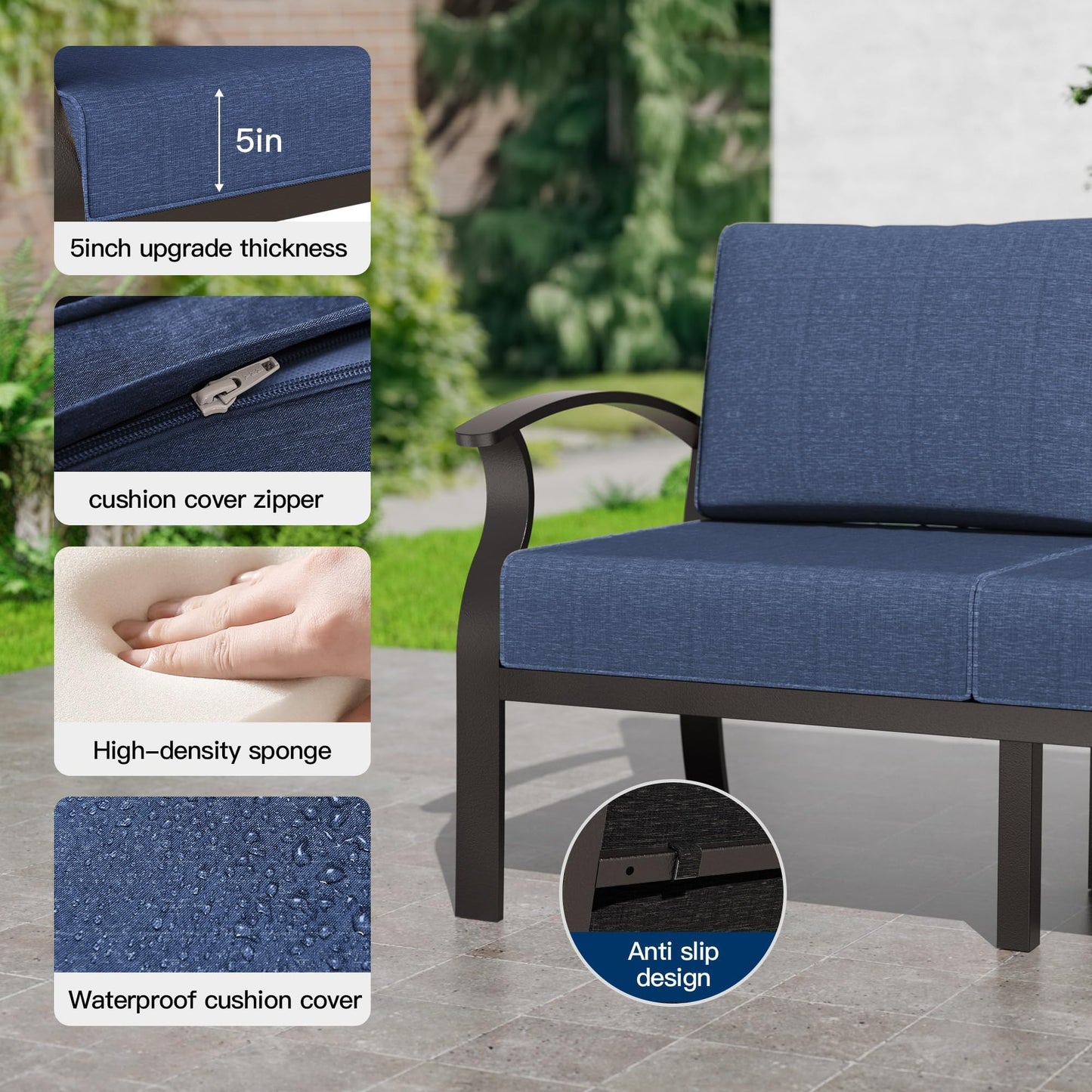 Gotland 10 PieceAluminum Patio Furniture Set,Modern Metal Outdoor Patio Furniture w/5.1'' Thick Cushion,Swivel Chairs and Rectangular Coffee Table,Patio Conversation Sets for Porch,Deck