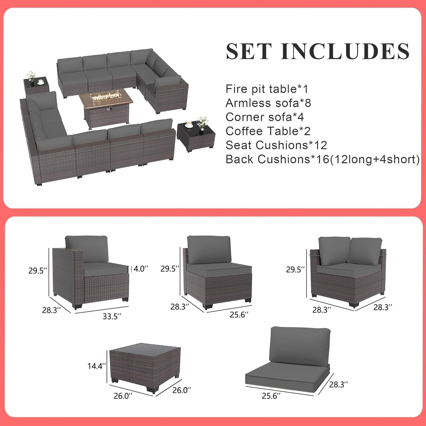 Gotland Outdoor Patio Furniture Set 14 Pieces Sectional Rattan Sofa Set PE Rattan Wicker Patio Conversation Set with Seat Cushions and Tempered Glass Table
