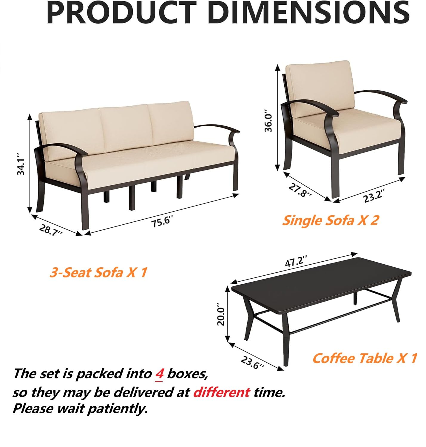 Gotland 5 Piece Aluminum Patio Furniture Set,Modern Metal Outdoor Patio Furniture w/5.1'' Thick Cushion and Rectangular Coffee Table,Patio Conversation Sets for Porch,Deck