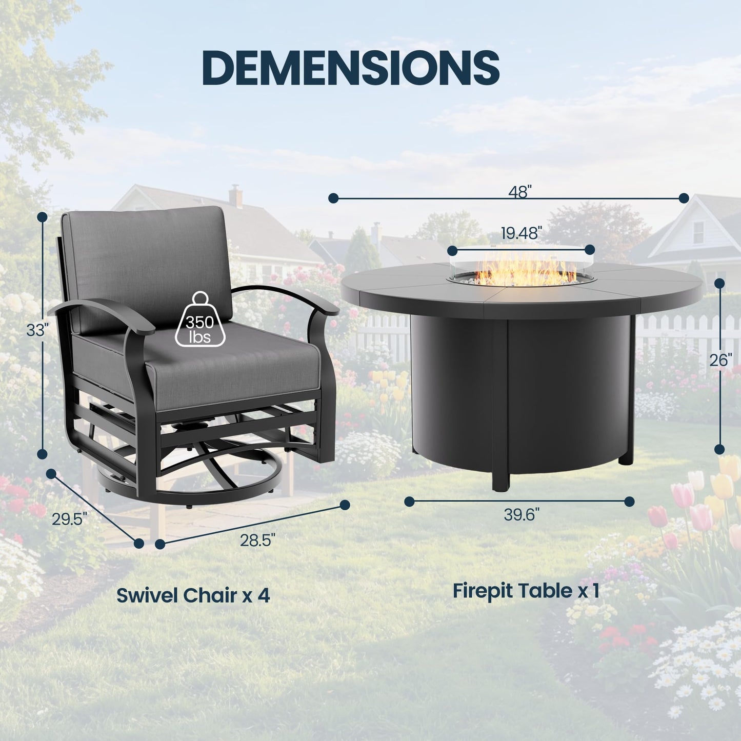 ALAULM 5 Pieces Aluminum Outdoor Patio Furniture Set, 4 Seats Patio Conversation Sets with 48" Round Propane Fire Pit Table,Metal Furniture Set with Thick Cushion