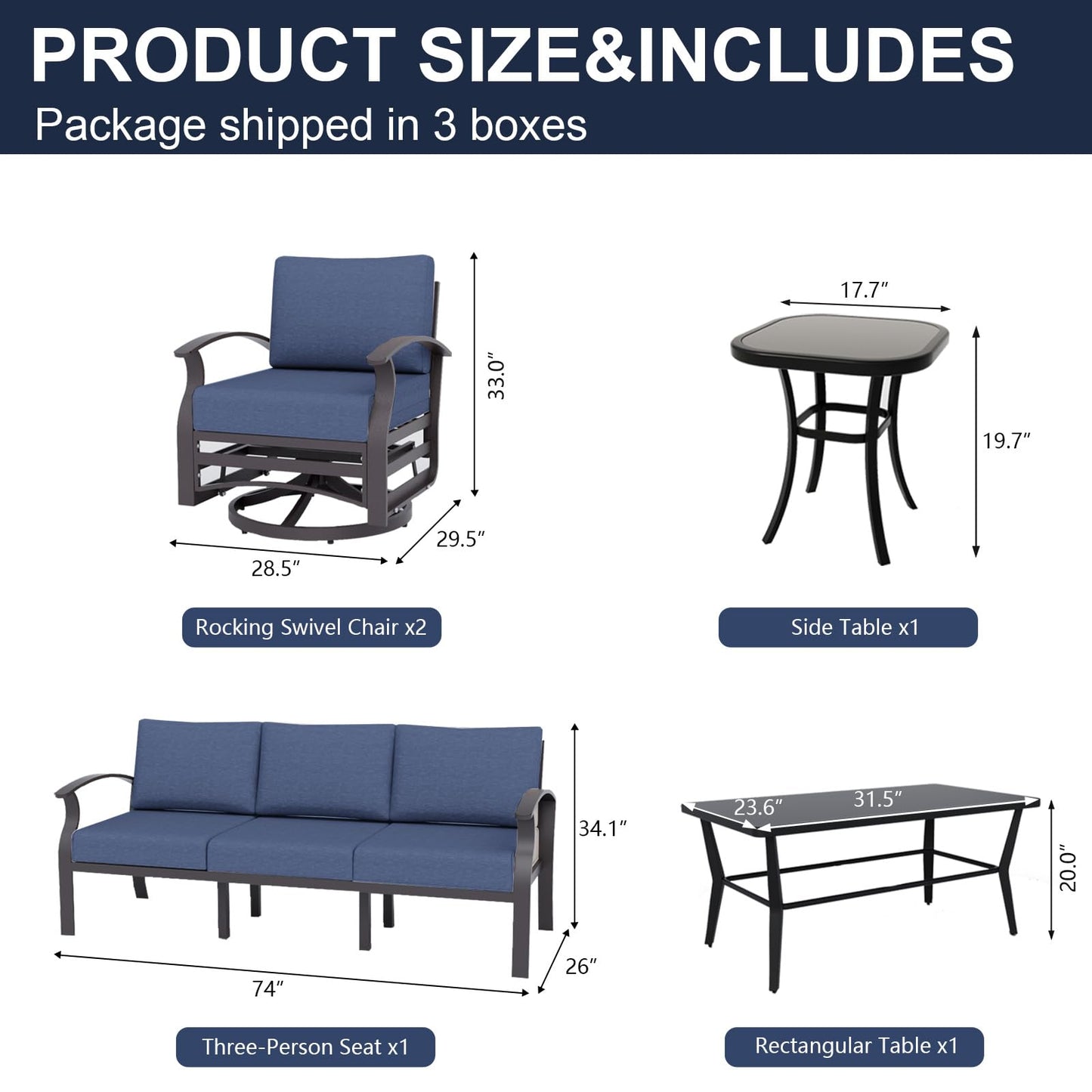 ALAULM Aluminum Patio Furniture Set 5-Seat Modern Outdoor Conversation Sets w/Swivel Rocking Chairs with Rectangular Coffee Table