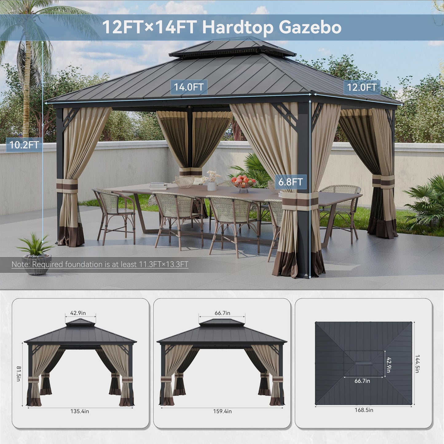 Gotland 12' x 14' Hardtop Gazebo, Outdoor Galvanized Steel Double-Roof Gazebo with Curtains and Netting for Patios, Gardens, and Lawns