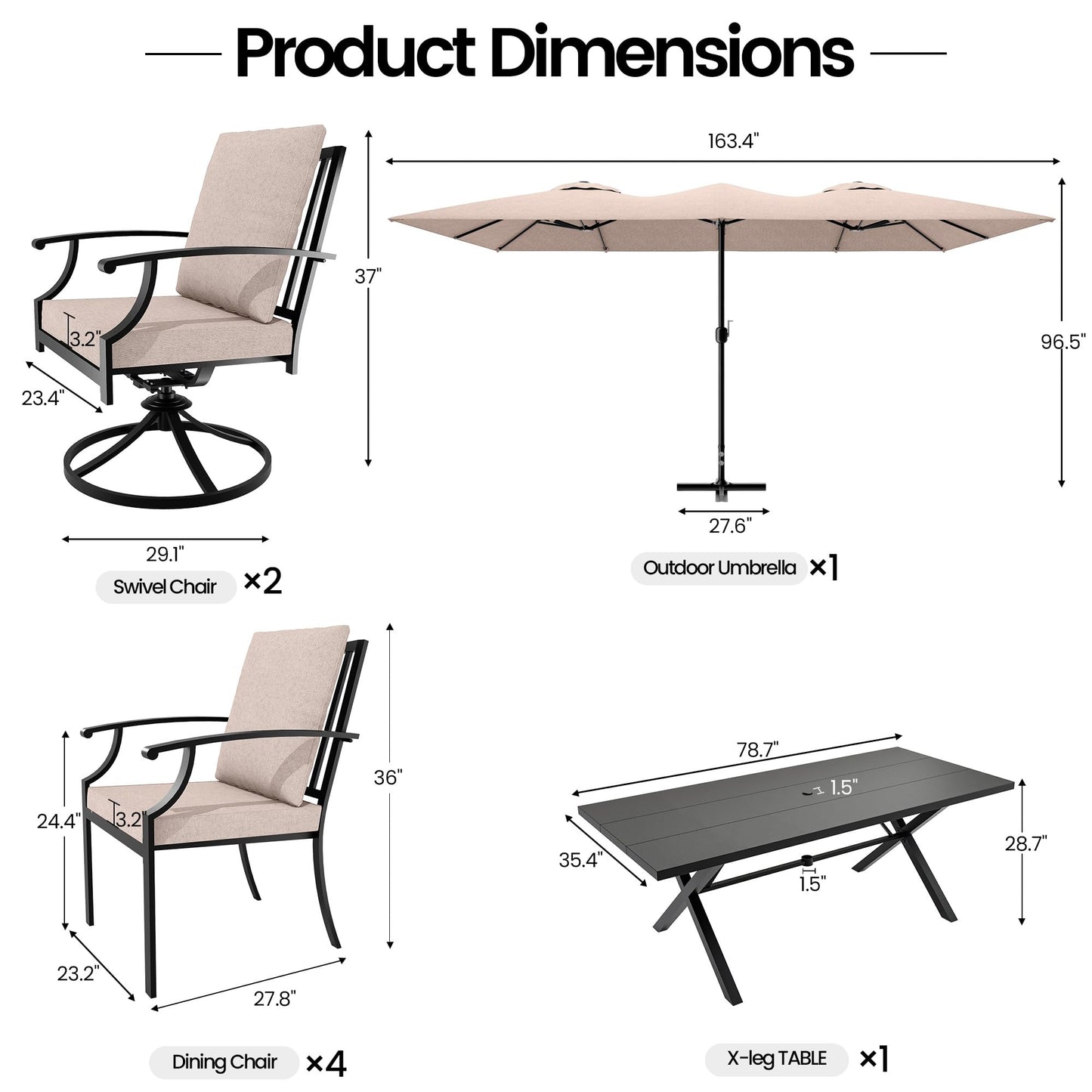 Gotland 8PCS Outdoor Patio Dining Set with 13.6ft Double-Sided Patio Umbrella, Patio Table and Chairs Metal Outdoor Patio Furniture Set, Dining Table Set with 2 Swivel Chairs