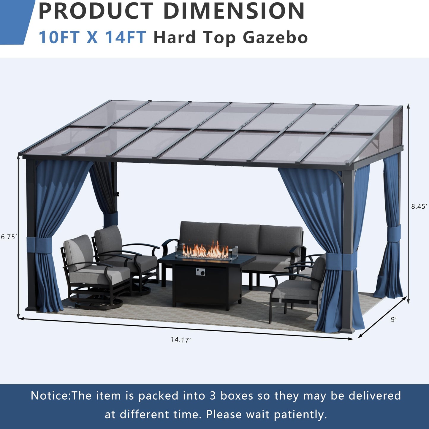 ALAULM 10'x 14' Outdoor Hardtop Gazebo,Wall Mounted Lean to Gazebo with Curtains and Netting,Galvanized Metal Frame,Sunshade for Patio, Backyard, Deck and Lawns (Dark Blue)