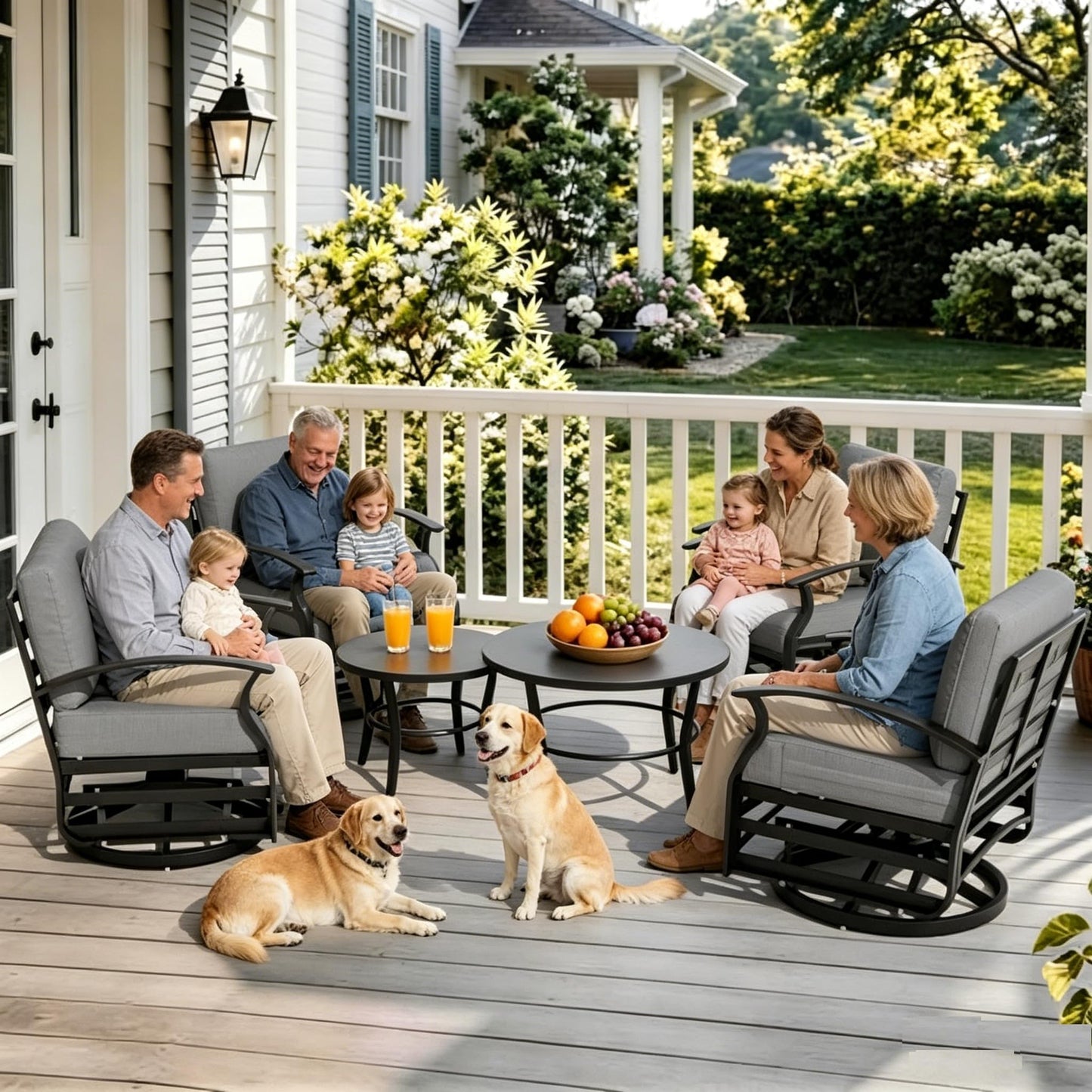 Gotland 6 Piece Patio Set, Aluminum Outdoor Swivel Chairs Set with Round Table 5.1’’ High-Resilience Seat Cushions 29.5" Deep Seating, Metal Patio Furniture Set Patio Conversation Sets
