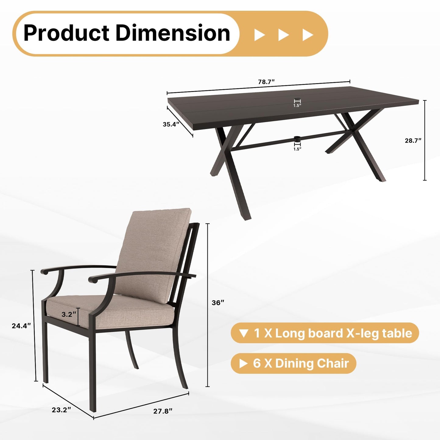 Gotland 7 Piece Outdoor Dining Set, Metal Outdoor Table and Chairs with X-Shaped Legs 1.5" Umbrella Hole, Patio Furniture Set with Waterproof Cushions, Patio Dining Sets for Backyard Deck ,Sand 5 out of 5 stars
