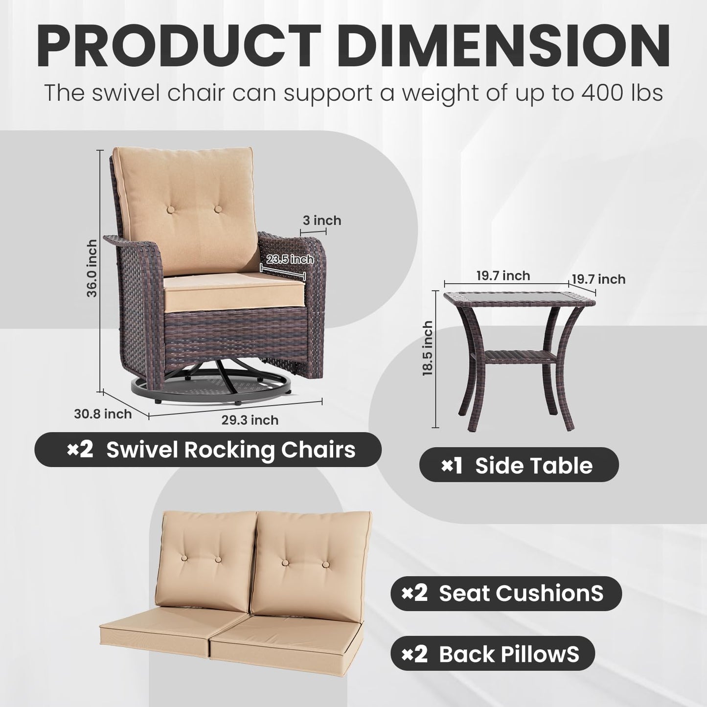Wicker Swivel Rocker Patio Chairs Set of 4,Swivel Rocking Chairs with Thickened Cushions,All-Weather Patio Wicker Chairs for Garden,Deck,Backyard