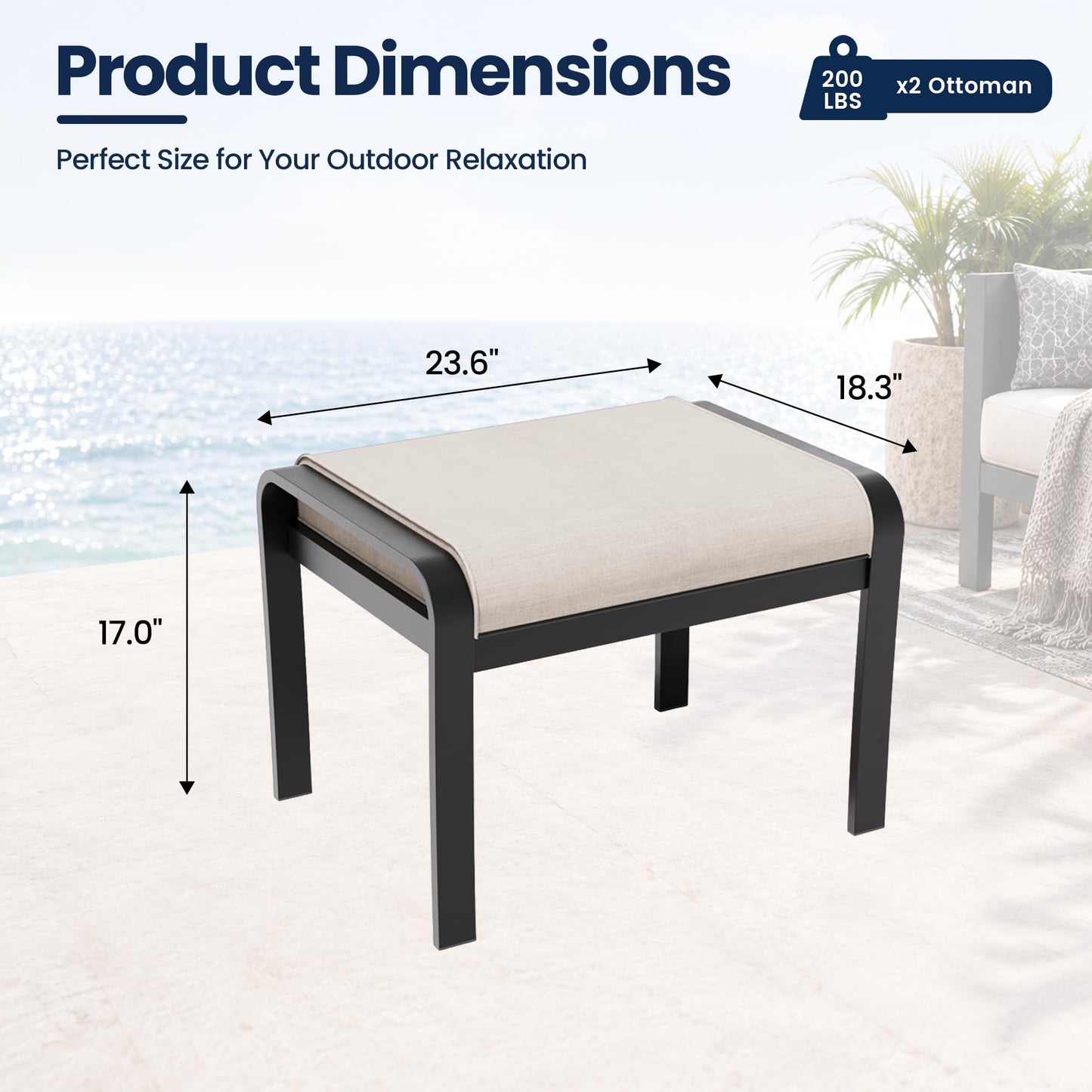 ALAULM 2PCS Aluminum Outdoor Ottomans with Removable Cushion, Oversized Outdoor Footstools, Additional Seating, Multipurpose Outdoor Footrests for Balcony, Garden, Sand