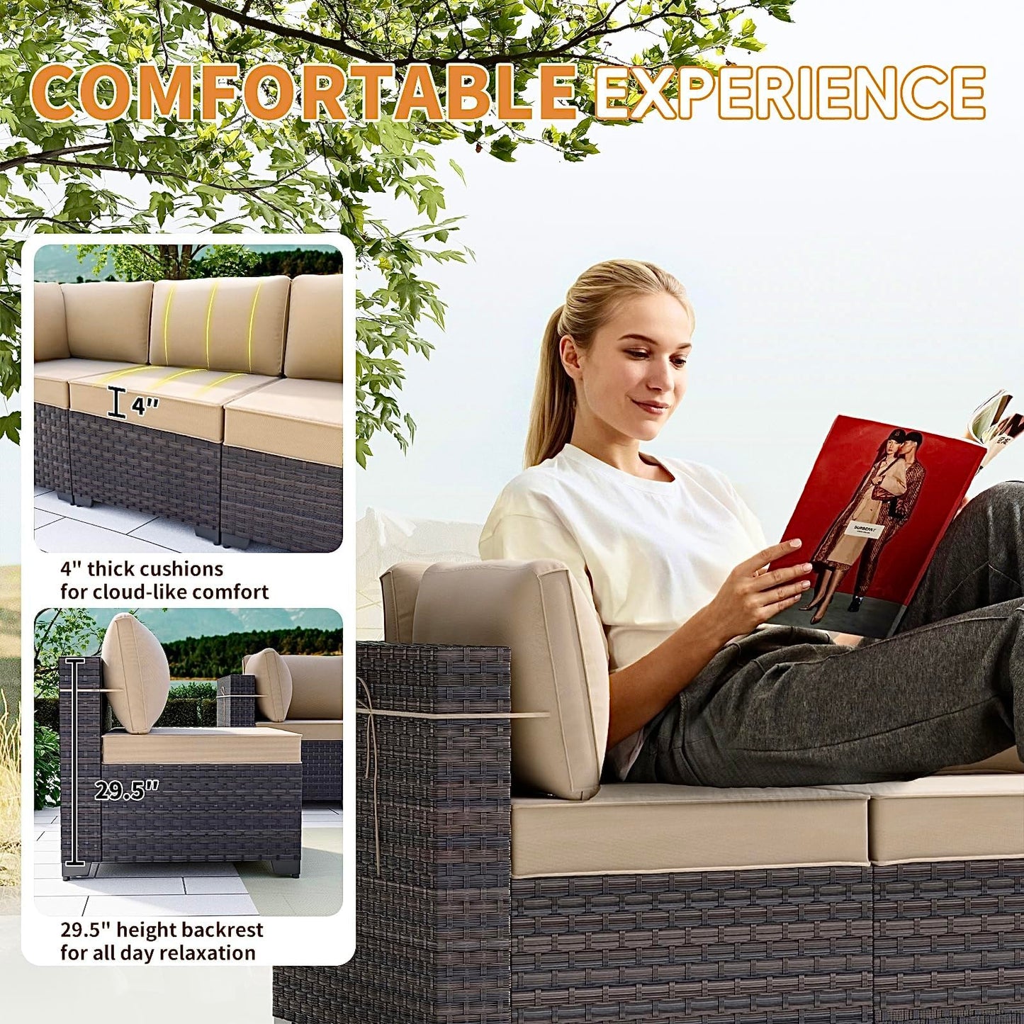 Gotland 7 Piece Outdoor Patio Furniture Sets, Outdoor Furniture Patio Sectional Sofa, All Weather Woven Wicker Patio Sofa Brown PE Rattan Patio Conversation Set