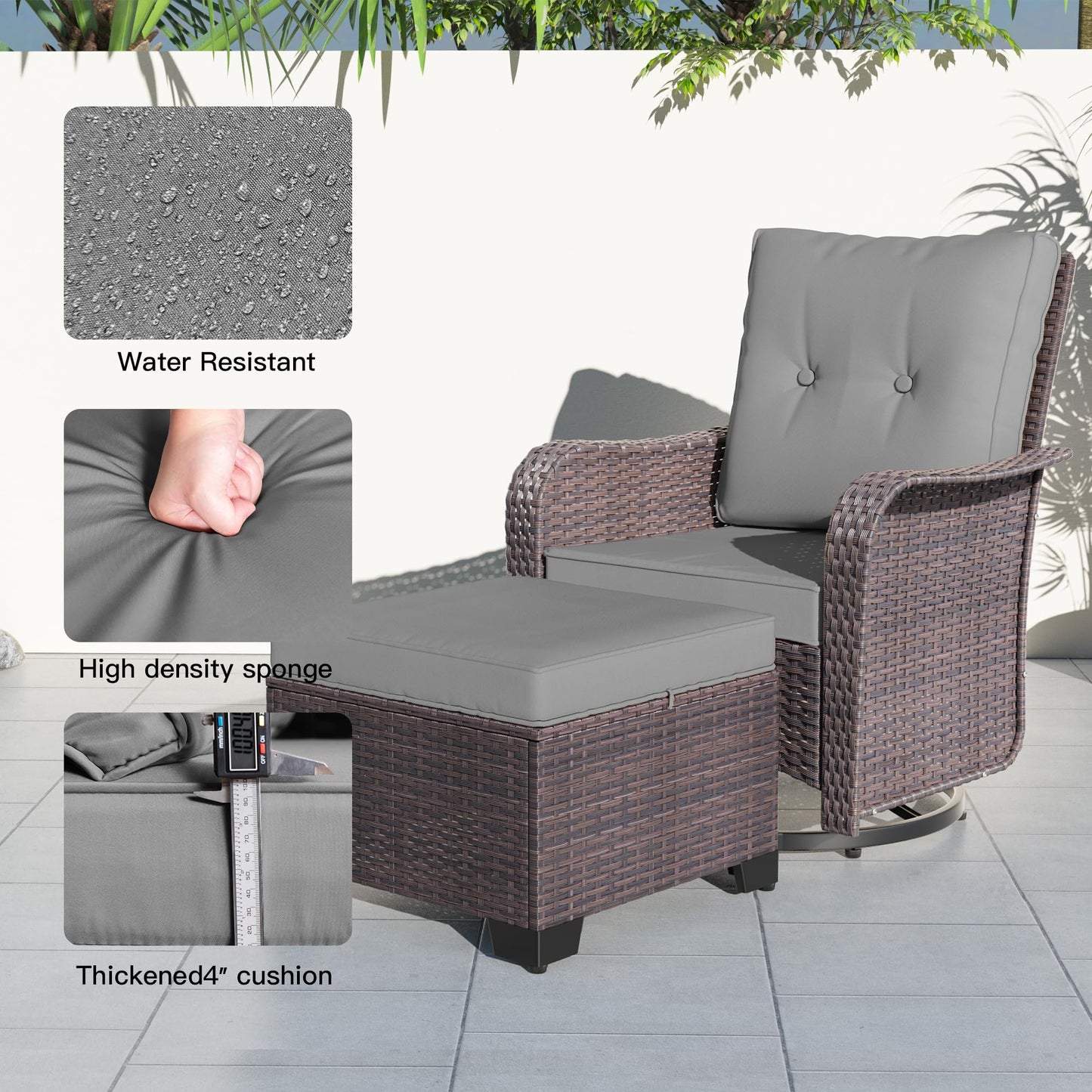 Gotland 5 Pieces Outdoor Swivel Chairs Set,Patio Wicker Rocker Chairs with 4" Thick Cushions,Side Table and Ottomans,Patio Conversation Furniture Set for Patio Porch Deck Backyard