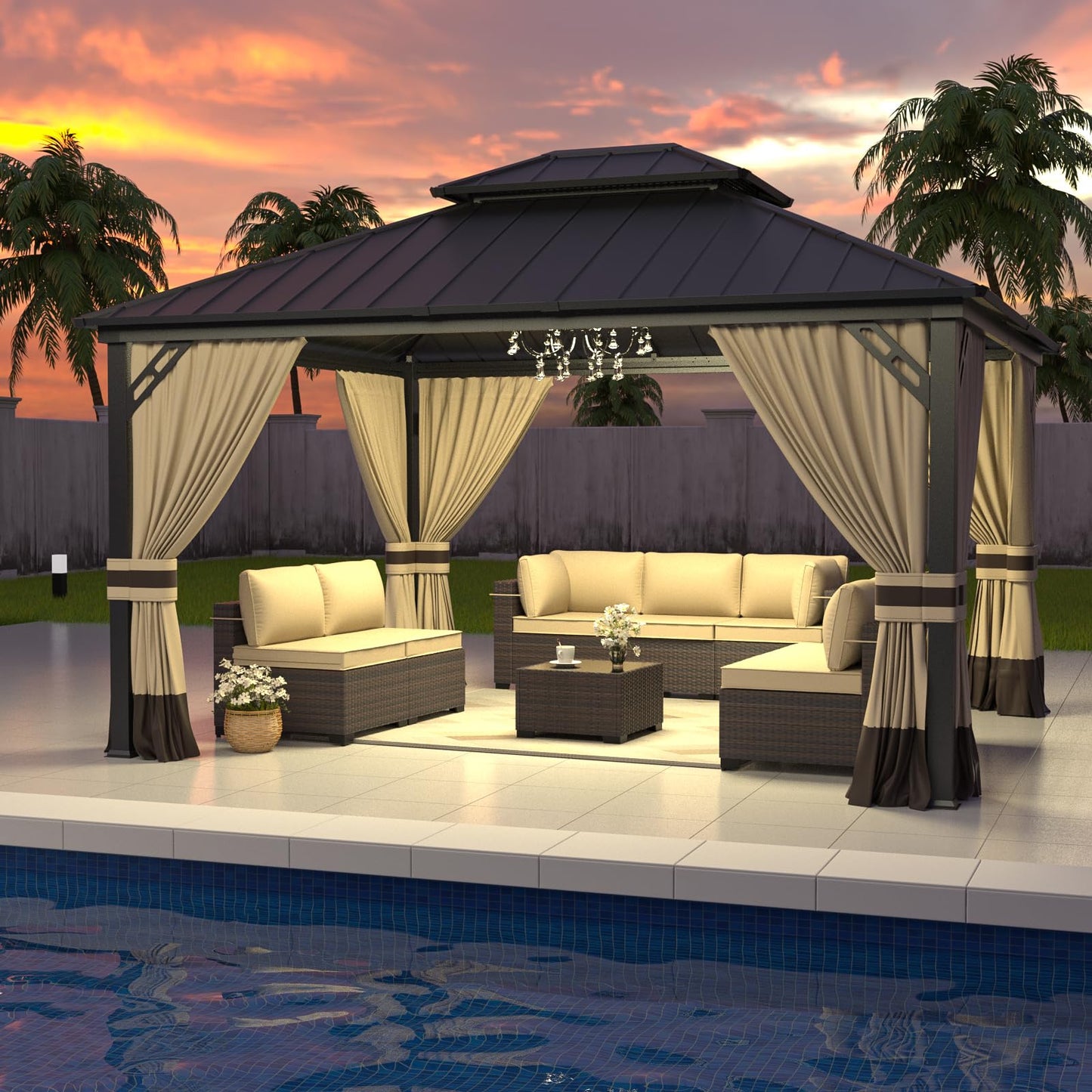 12x14 Hardtop Gazebo | Double Roof, Mesh & Privacy Curtains