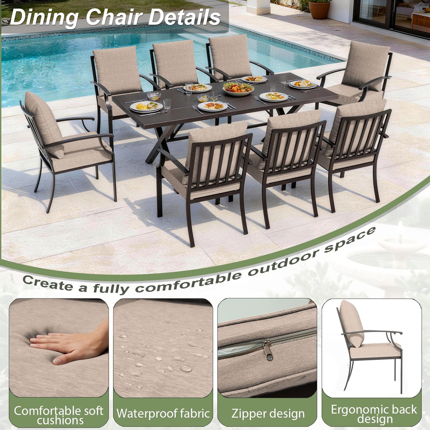 Gotland 10PCS Patio Conversation Set, Metal Outdoor Furniture Set Includes 13.6FT Umbrella, Hole Cut-Out 78.7" x 35.4" Table and 8 Metal Stackable chairs for Backyard Garden