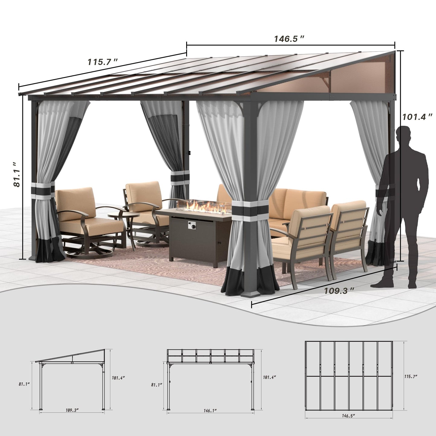 Gotland 10' × 12' Hardtop Gazebo for Patio,Wall-Mounted Lean to Gazebo Pergola with Sloping Roof and Durable Steel Frame,Large Heavy Duty Awnings for Decks,Backyard