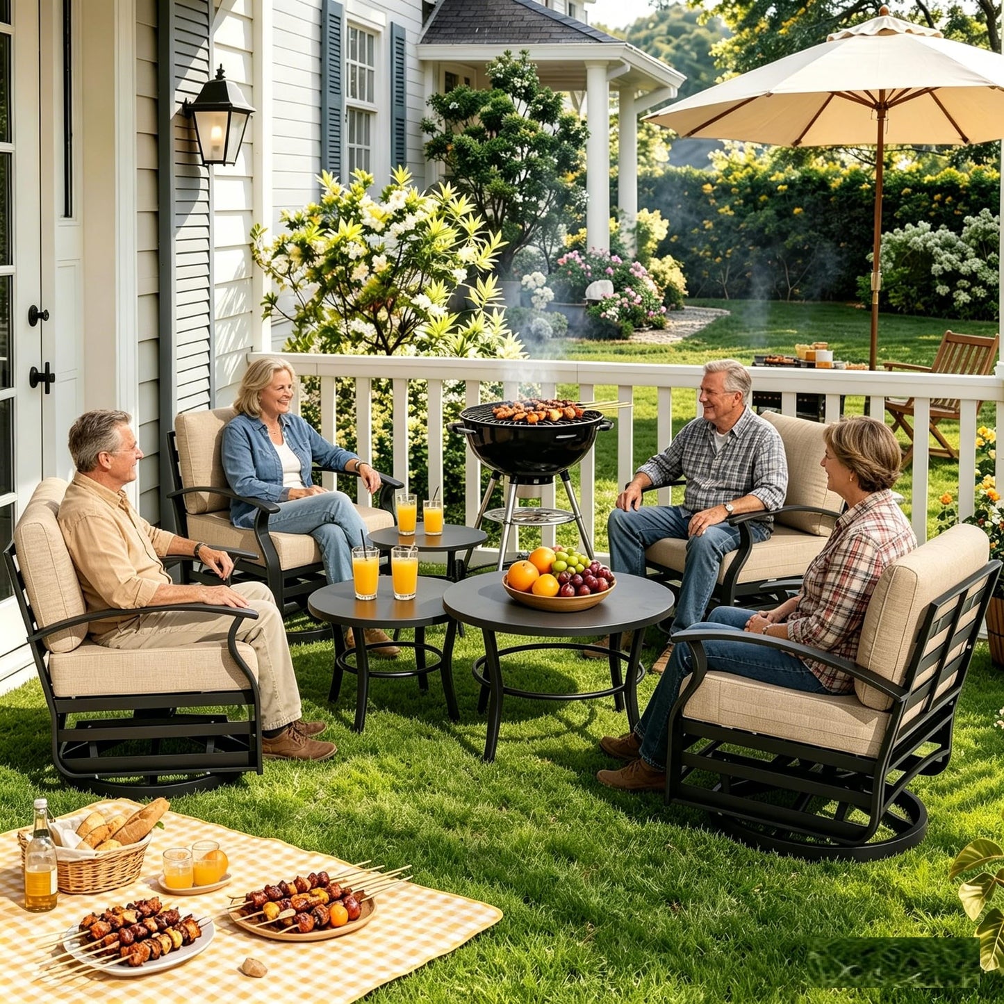 Gotland 6 Piece Patio Set, Aluminum Outdoor Swivel Chairs Set with Round Table 5.1’’ High-Resilience Seat Cushions 29.5" Deep Seating, Metal Patio Furniture Set Patio Conversation Sets