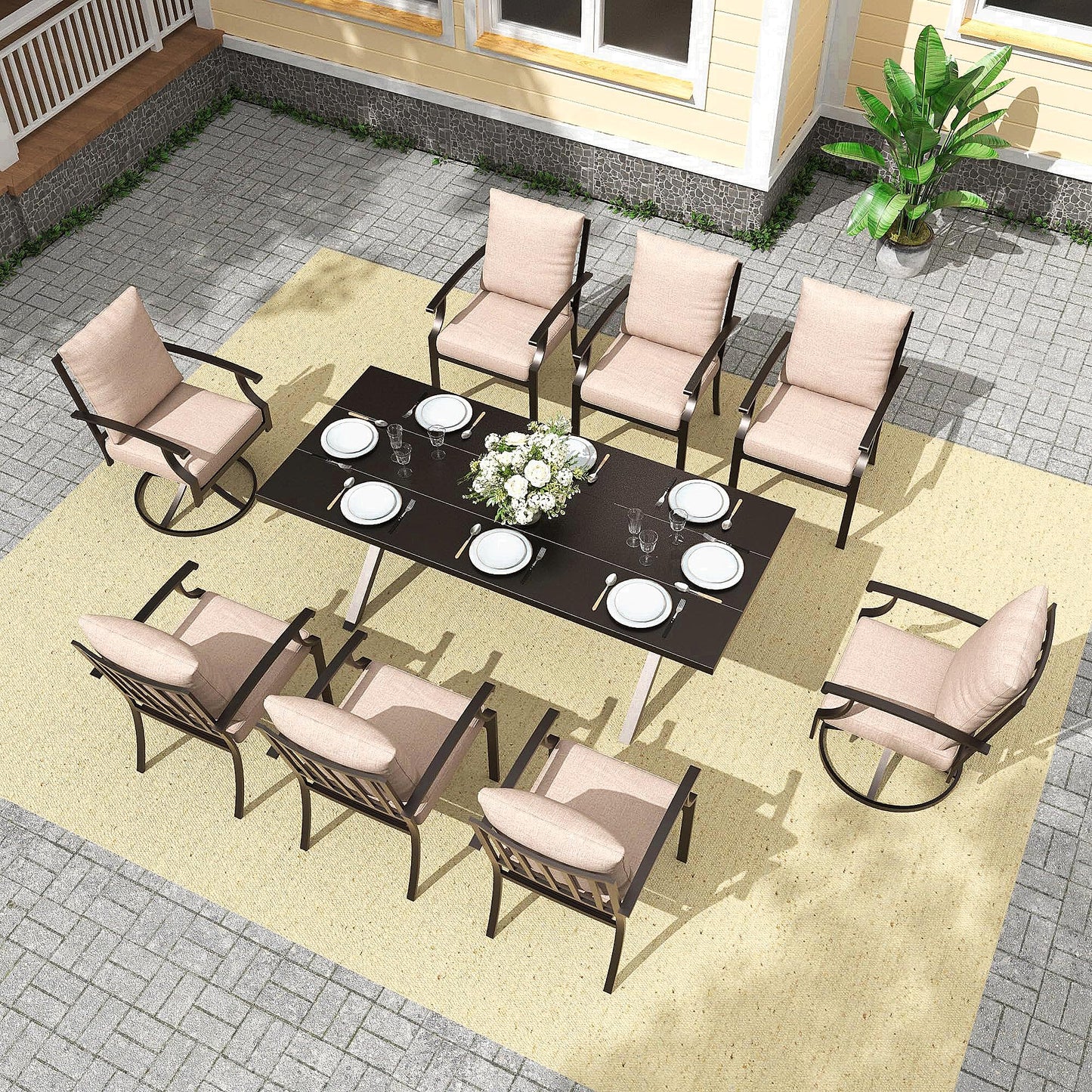 Gotland 9 Piece Outdoor Dining Set, Metal Outdoor Table,6 Single chairs and 2 Swivel Chairs , Patio Furniture Set with Waterproof Cushions, Patio Dining Sets for Backyard Deck ,Sand