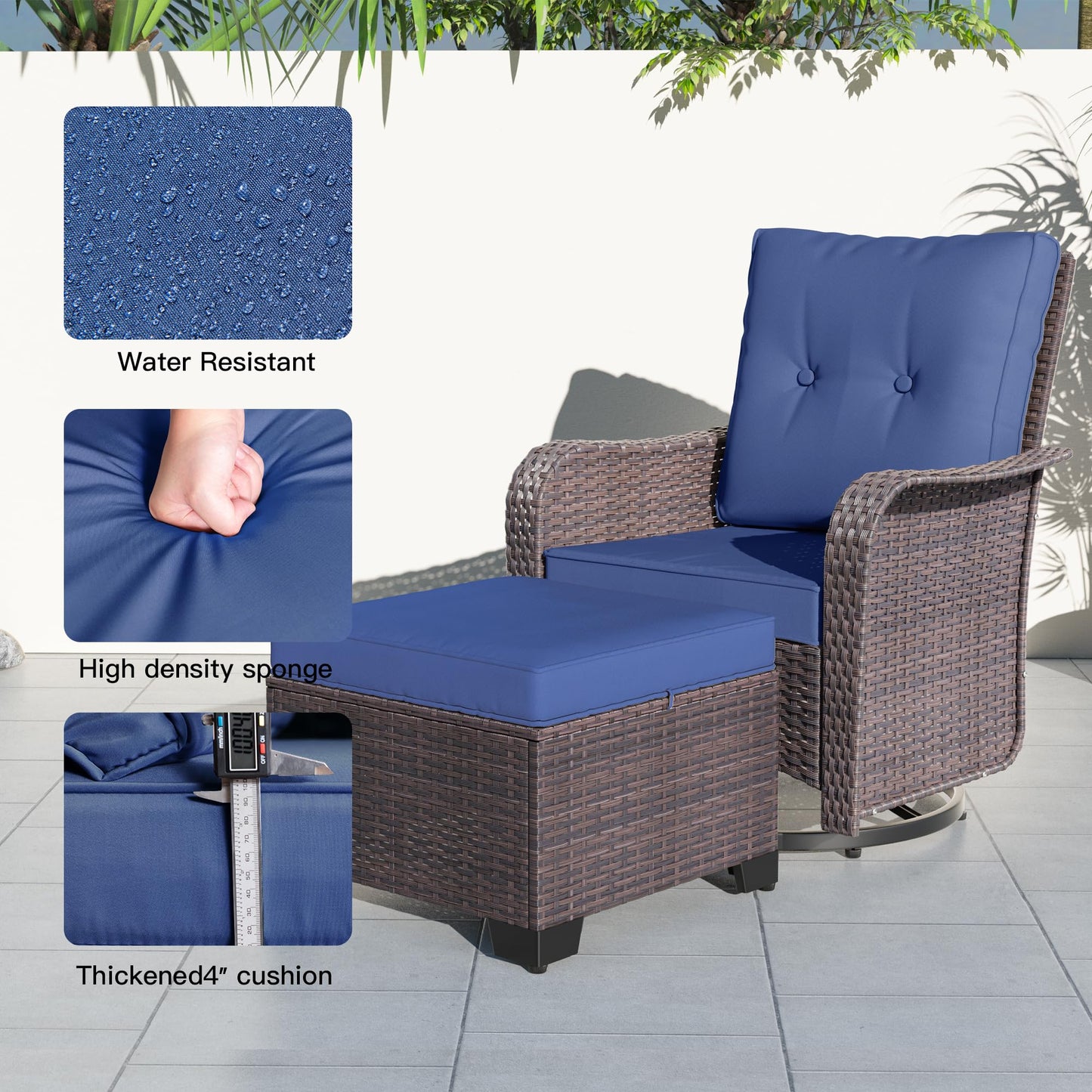 Gotland 5 Pieces Outdoor Swivel Chairs Set,Patio Wicker Rocker Chairs with 4" Thick Cushions,Side Table and Ottomans,Patio Conversation Furniture Set for Patio Porch Deck Backyard